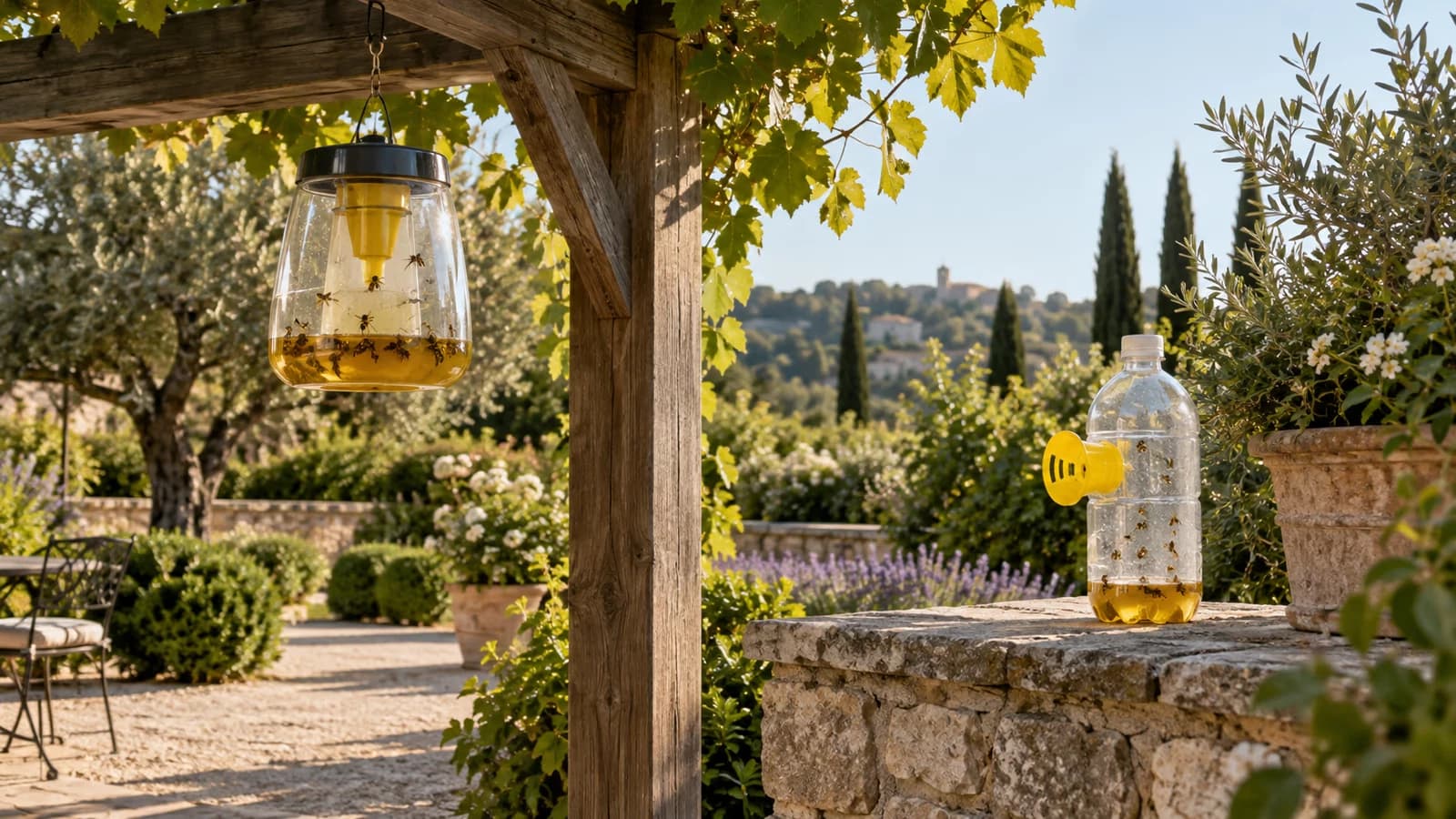 Bord de terrasse dallée en fin d'été, piège transparent pendu à une poutre de pergola et bouteille équipée d'une pièce jaune posée sur un muret