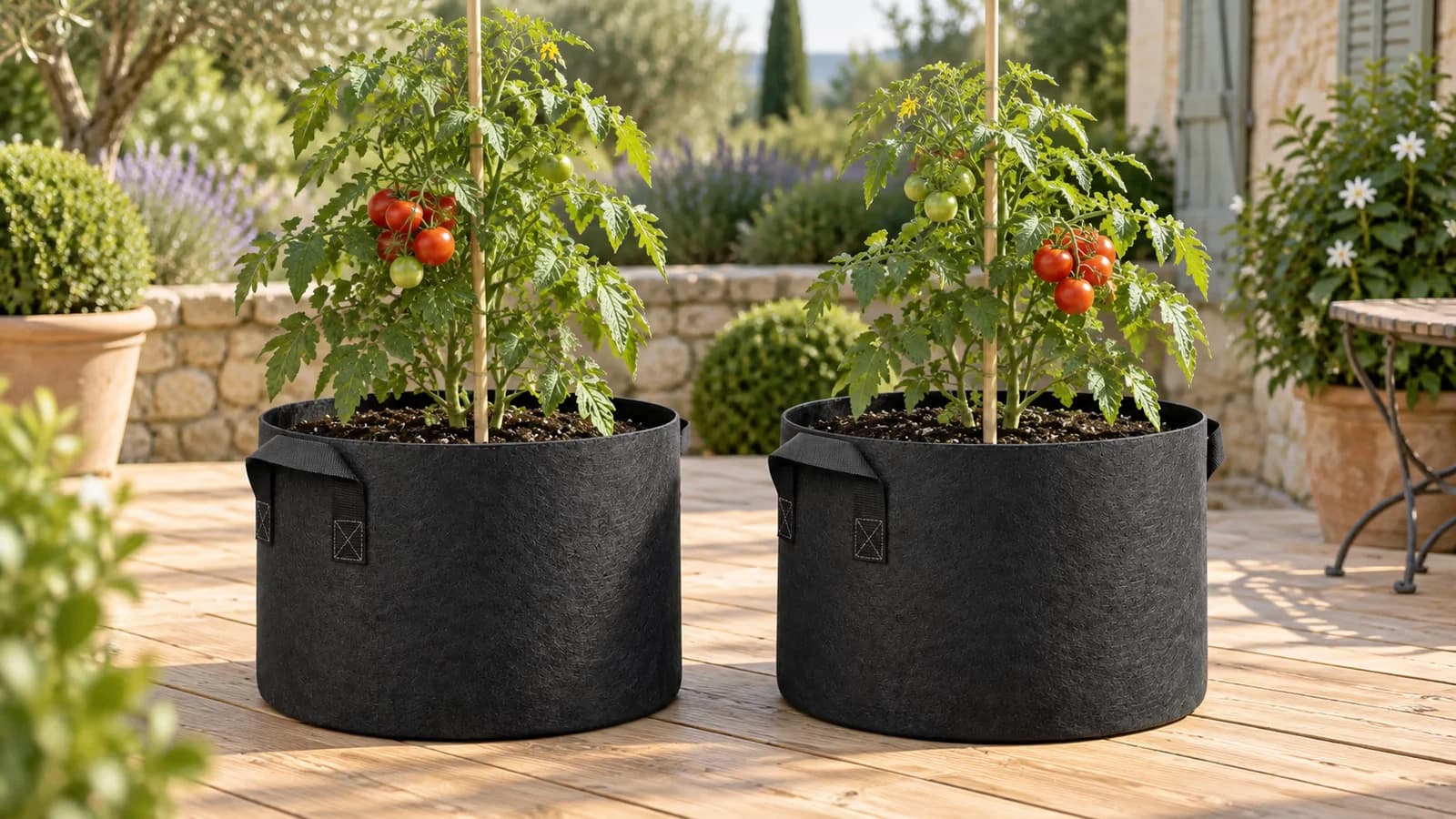 Deux sacs de culture en textile noir posés sur une terrasse en bois clair, plants de tomates tuteurés et substrat humide
