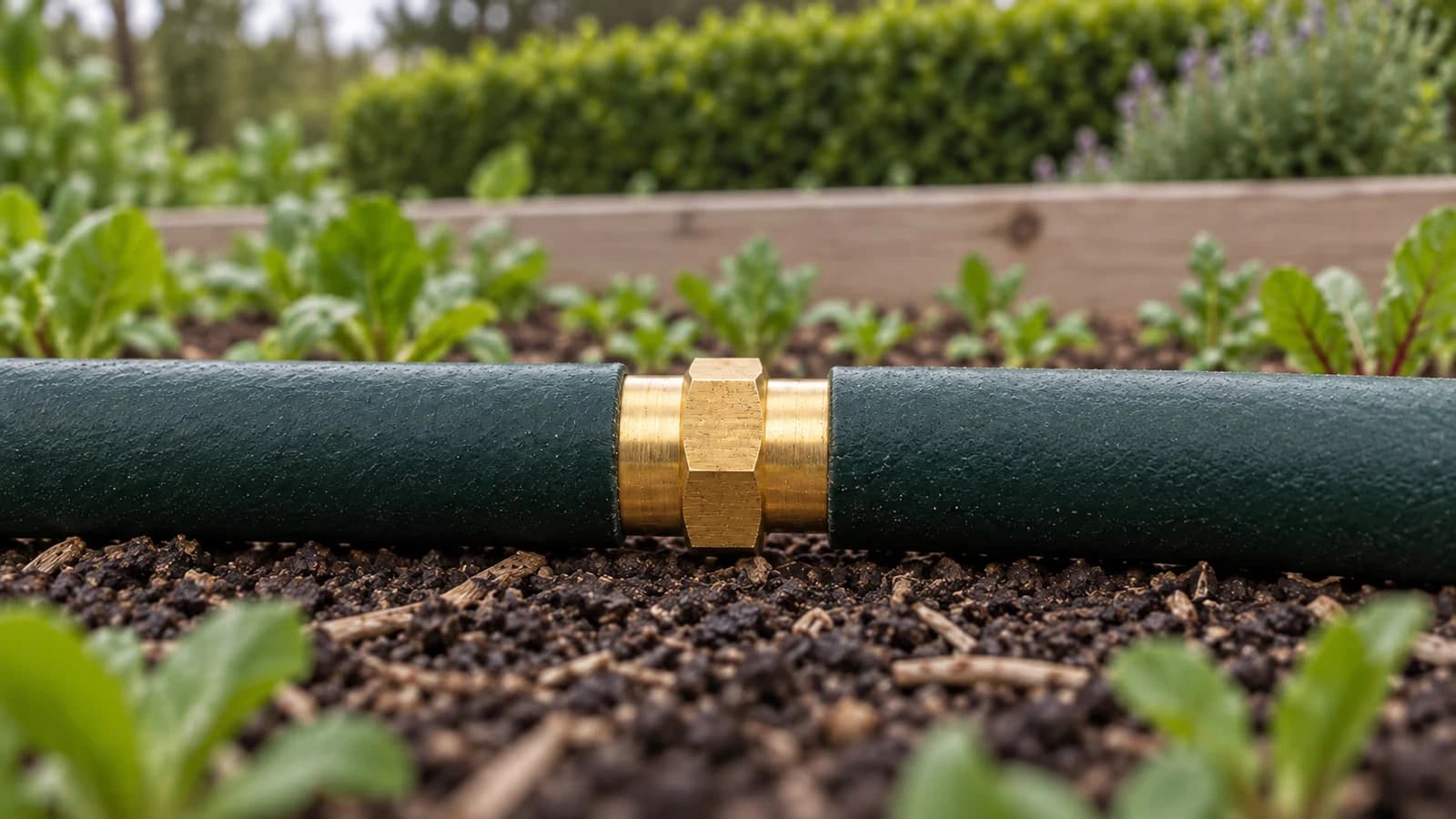 Deux tuyaux d'arrosage verts de 19 mm réunis par un manchon en laiton massif sur la terre d'un potager