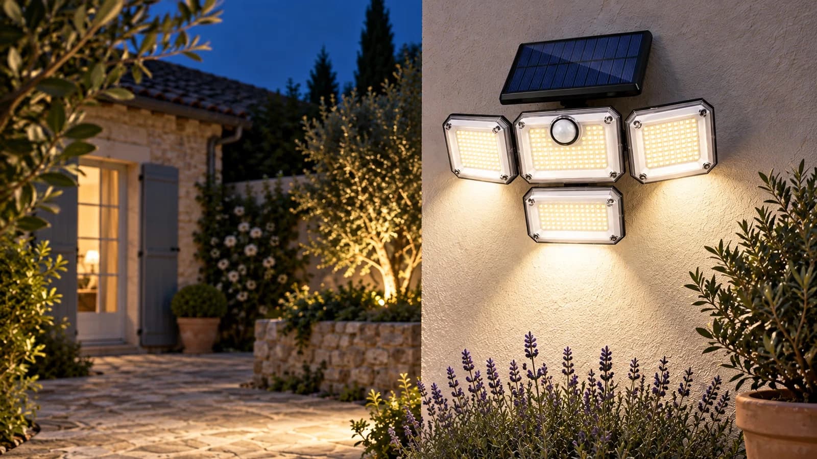 Lampe solaire à quatre têtes fixée sur un mur, capteur central en gros plan, allée éclairée à la tombée du jour
