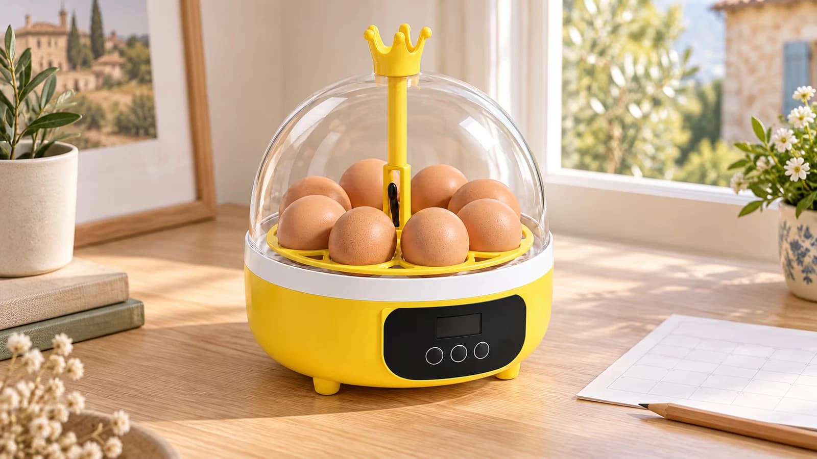 Couveuse compacte à dôme transparent et base jaune posée sur un bureau, huit oeufs bruns sur le plateau, feuille de calendrier à côté