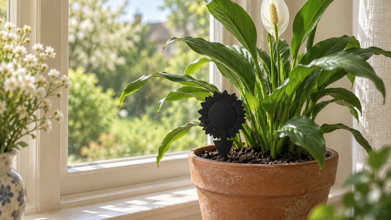 Rebord de fenêtre au printemps, plaque noire en forme de tournesol plantée dans le terreau d'un pot de plante verte