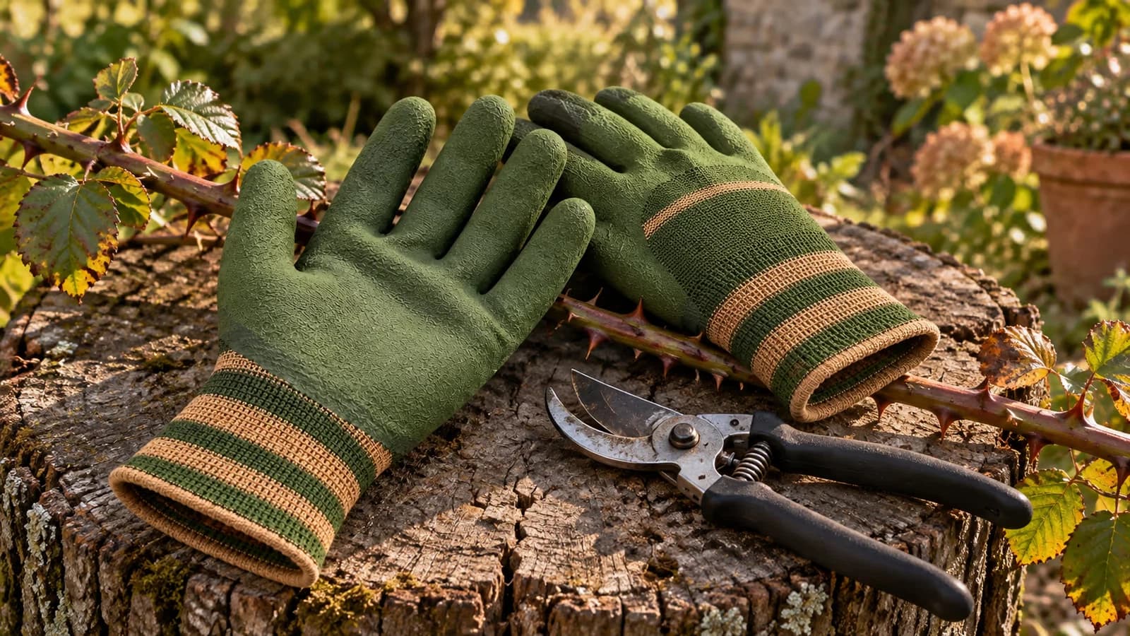 Paire de gants de jardinage verts à paume grenue posée sur une branche de ronce coupée, à côté d'un sécateur ouvert, sur une souche en début d'automne