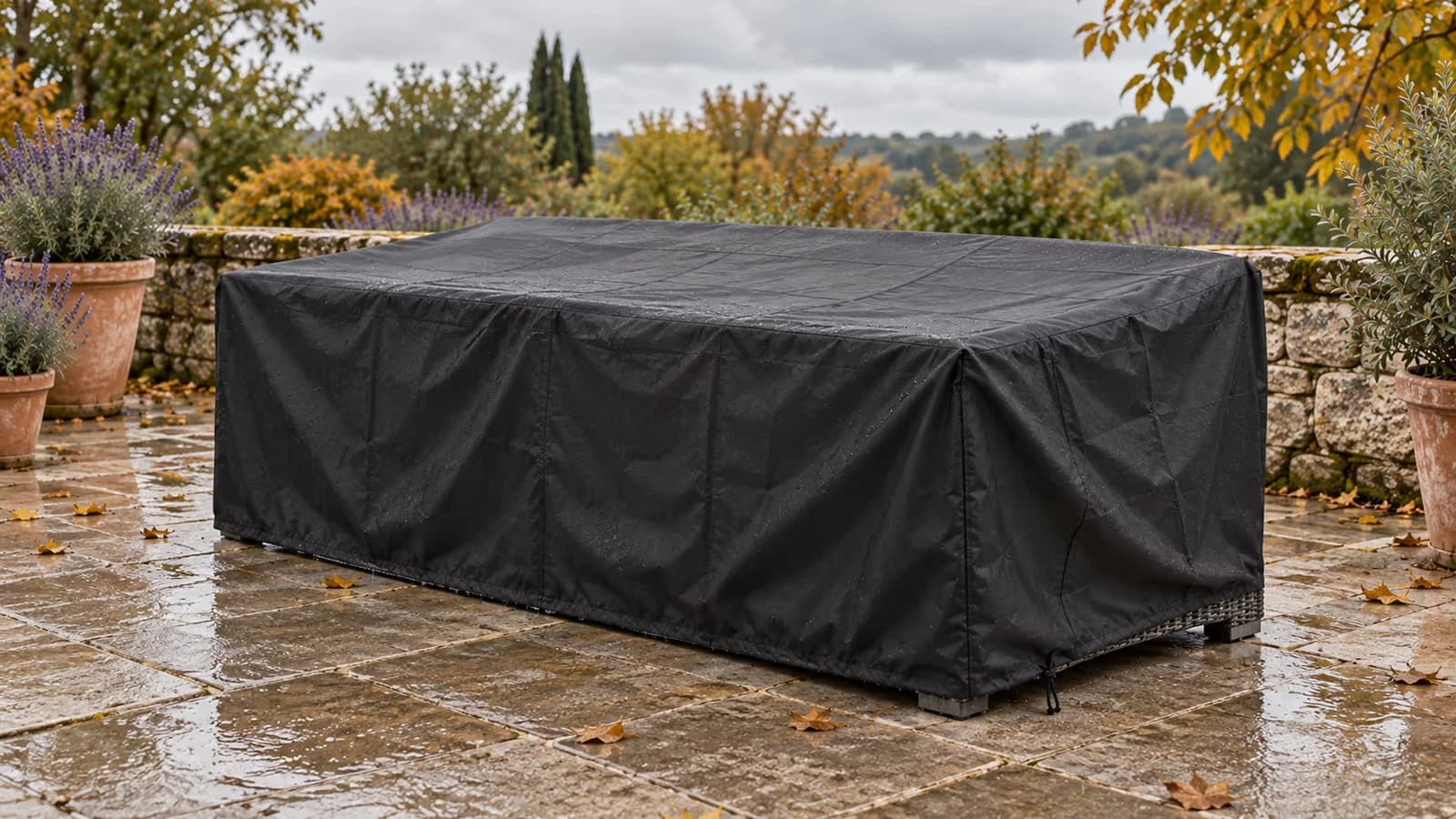 Salon de jardin sous une housse noire à cordon, ourlet plaqué au sol, dalles de terrasse mouillées par une pluie d'automne