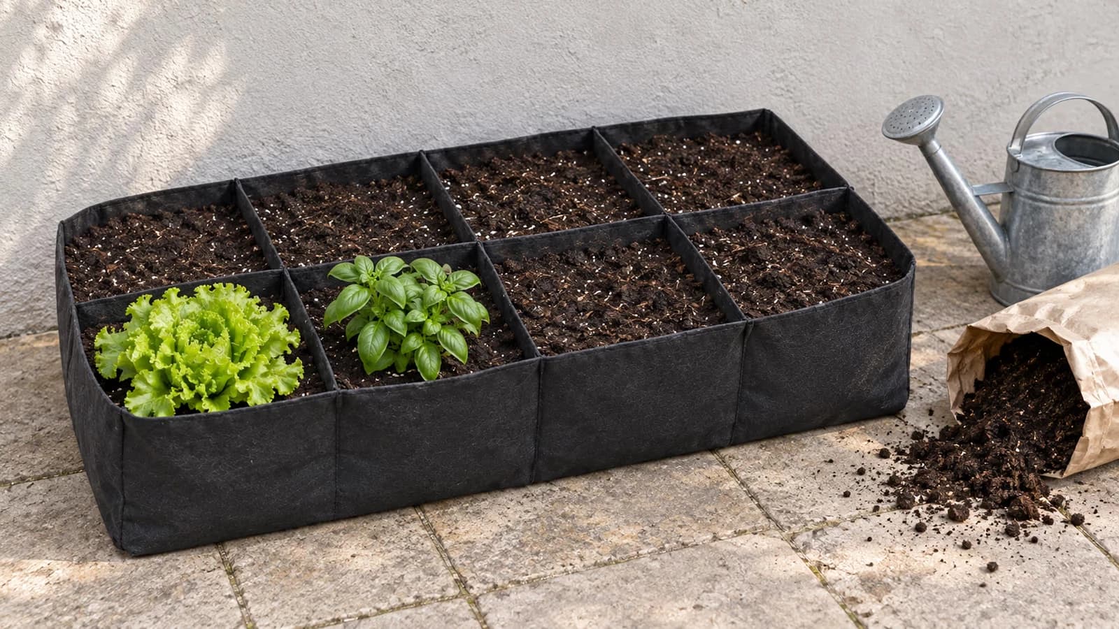 Bac potager en feutre noir à huit compartiments posé au sol contre le mur d'une terrasse, cellules remplies de terreau humide, arrosoir et sac de terreau ouvert à côté