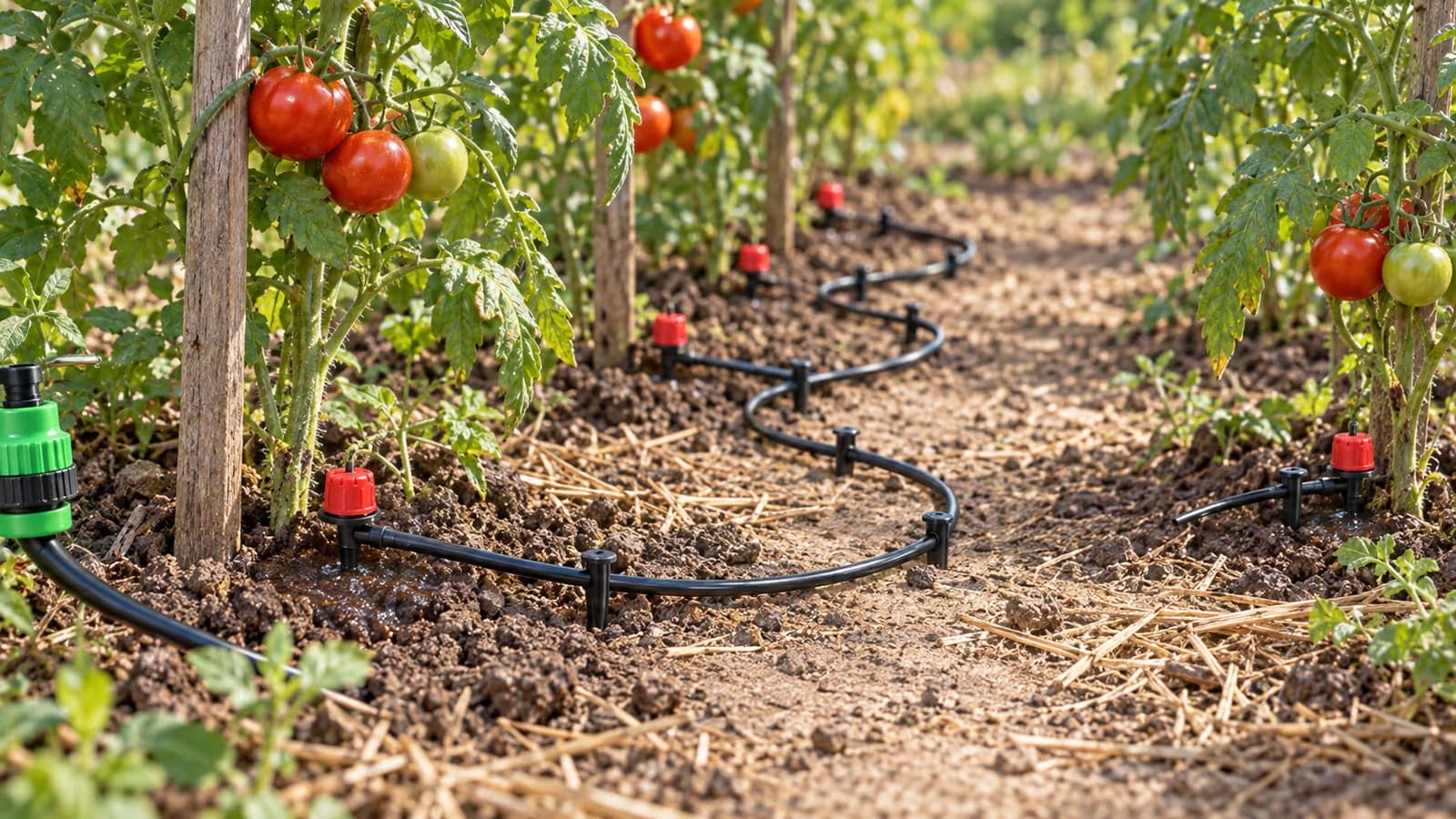 Kit goutte à goutte déployé en serpentin entre deux rangs de tomates, tuyau noir plaqué au sol par des piquets, goutteurs rouges visibles au pied de chaque plant