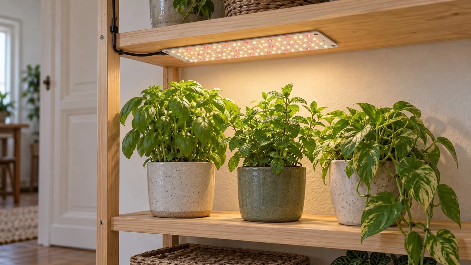 Étagère en bois de plantes vertes éclairée par une réglette fine fixée sous la tablette du dessus, câble plaqué le long du montant