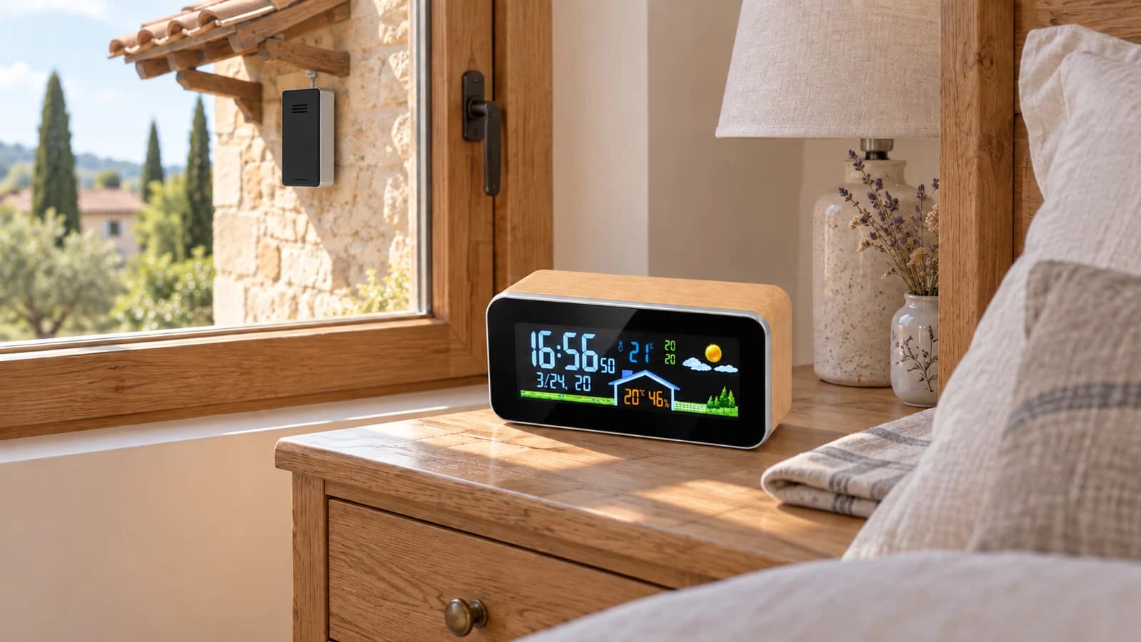 Boîtier à habillage bois clair posé sur une table de nuit au petit matin, sonde extérieure suspendue sous un auvent visible derrière la vitre