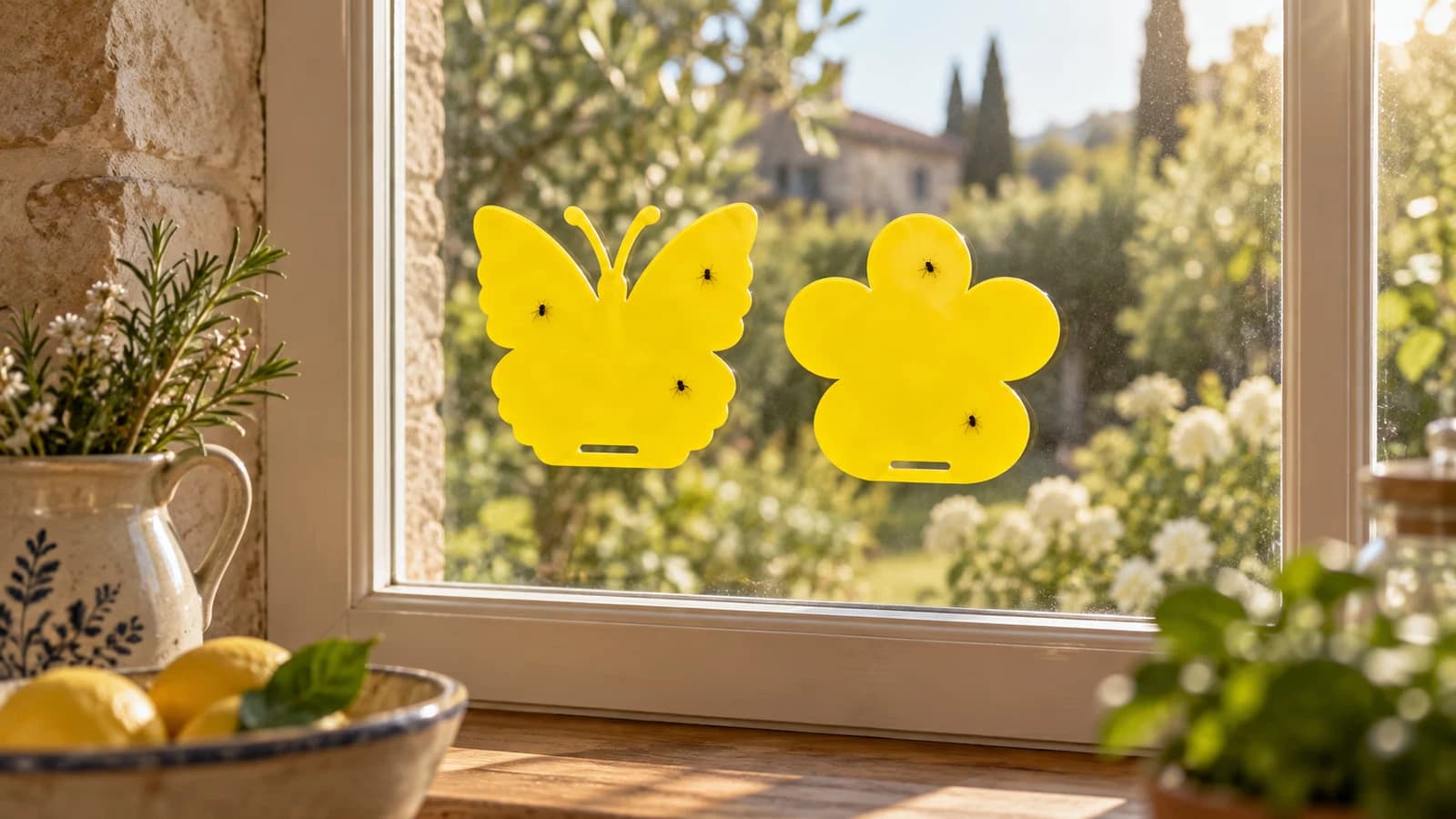 Plaques collantes jaunes en forme de papillon et de fleur posées à plat sur une vitre de cuisine, lumière du matin