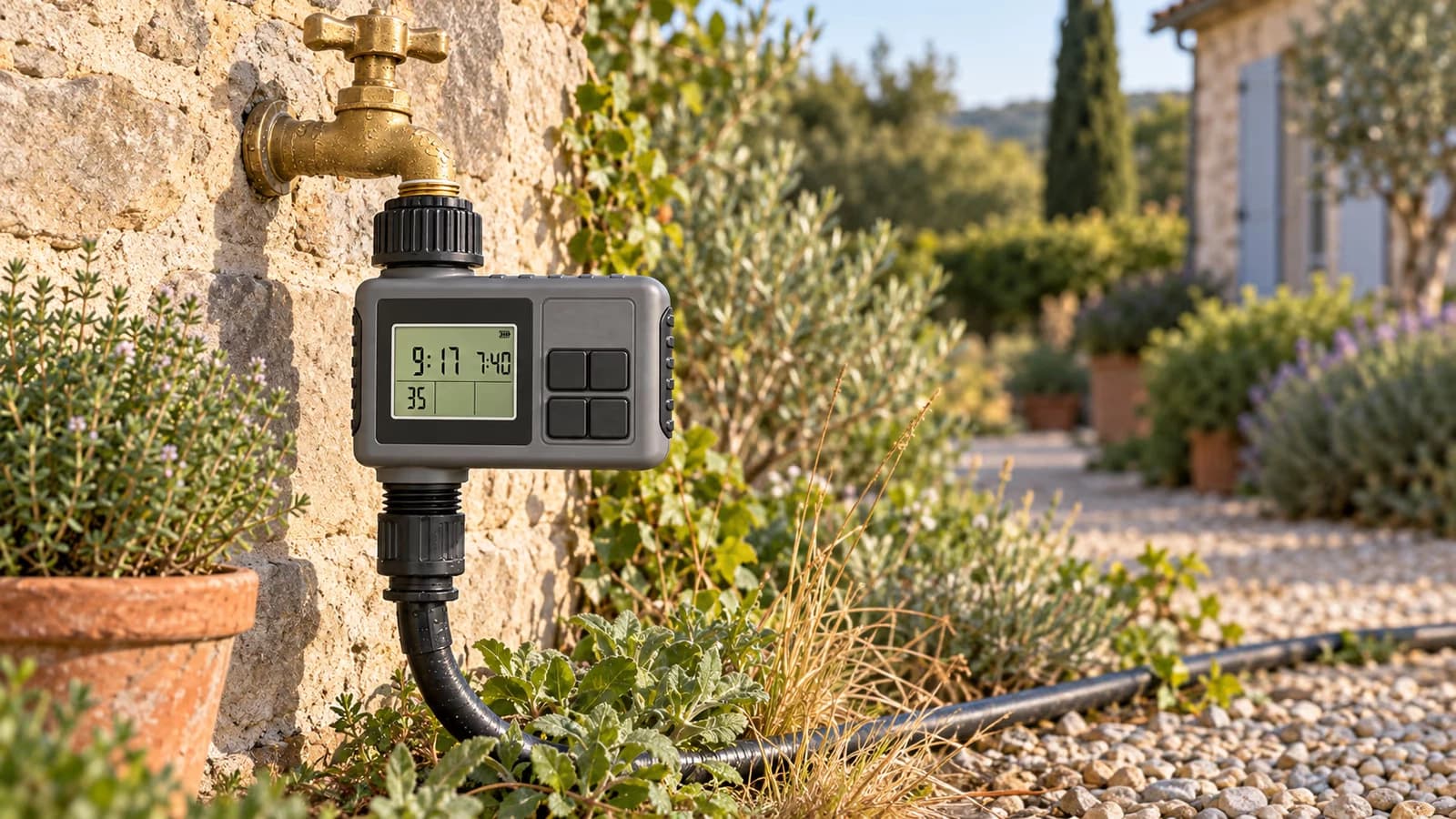 Programmateur d'arrosage à écran LCD vissé sur un robinet extérieur, tuyau déroulé au sol le long d'une façade
