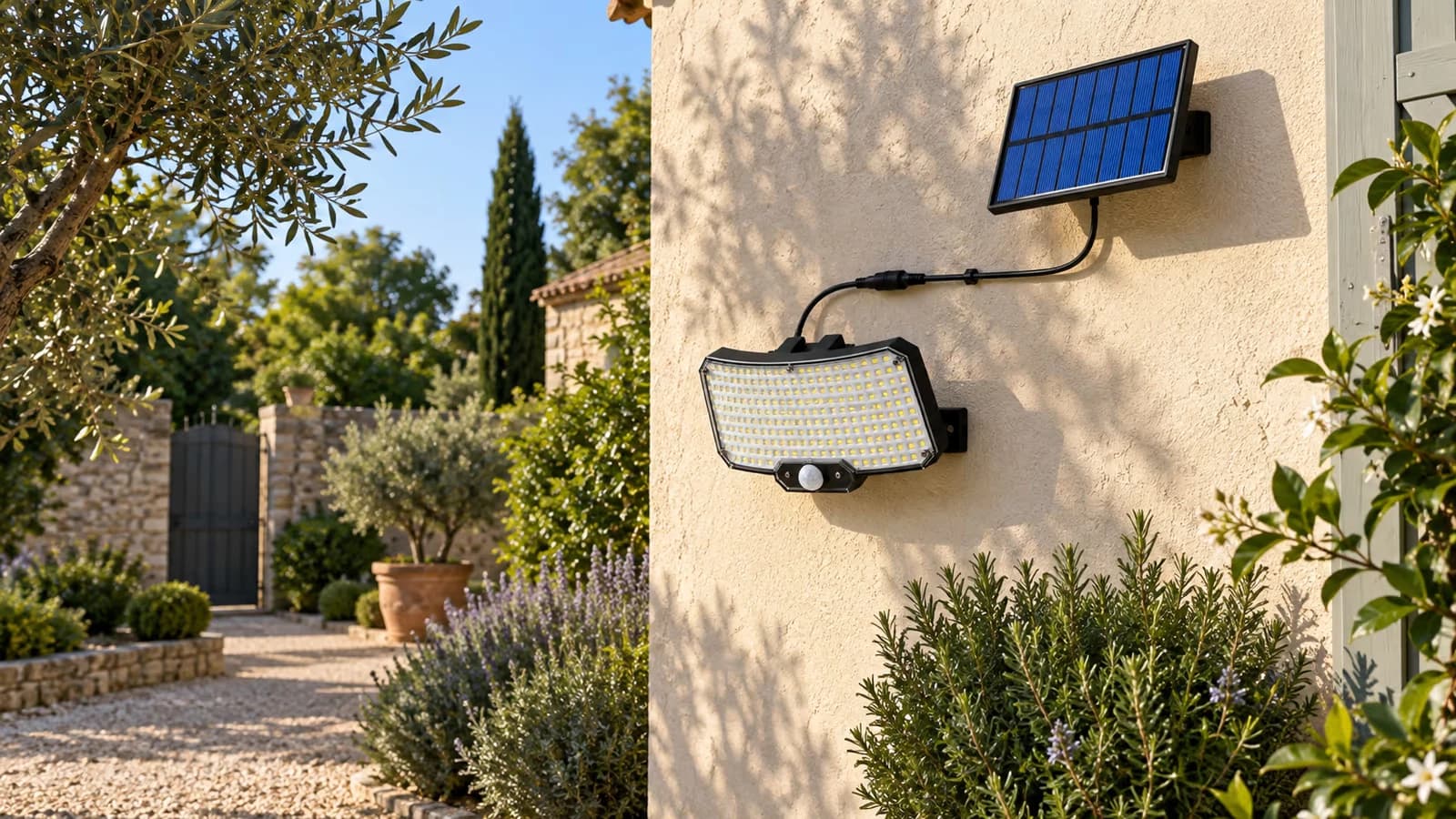 Projecteur solaire noir fixé haut sur un mur de cour, panneau déporté en plein soleil et câble gainé qui longe la façade