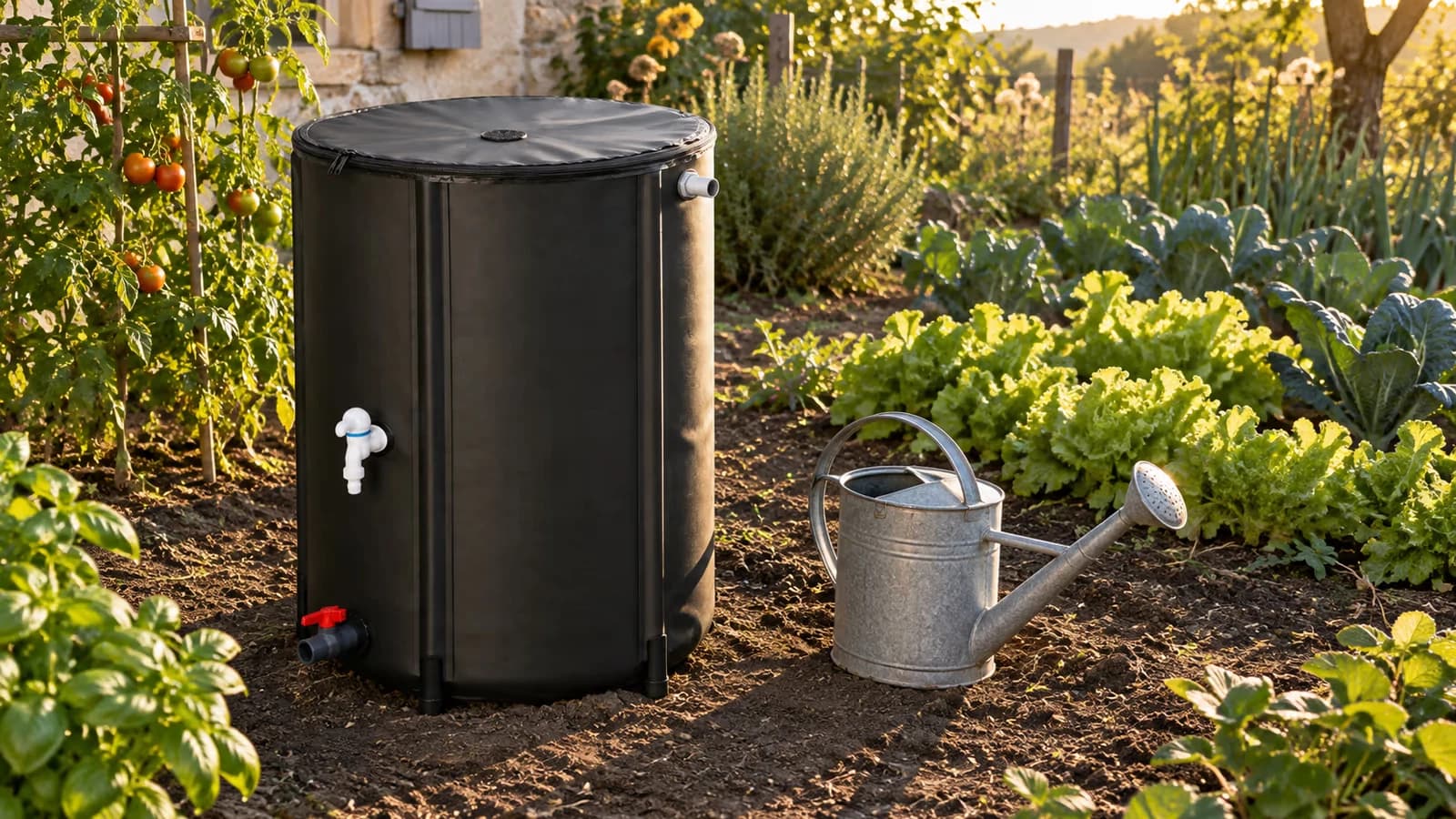 Contenant souple noir de 100 litres monté au pied d'un potager, couvercle à zip refermé, robinet latéral à mi-hauteur, arrosoir posé au sol, lumière de fin d'après-midi