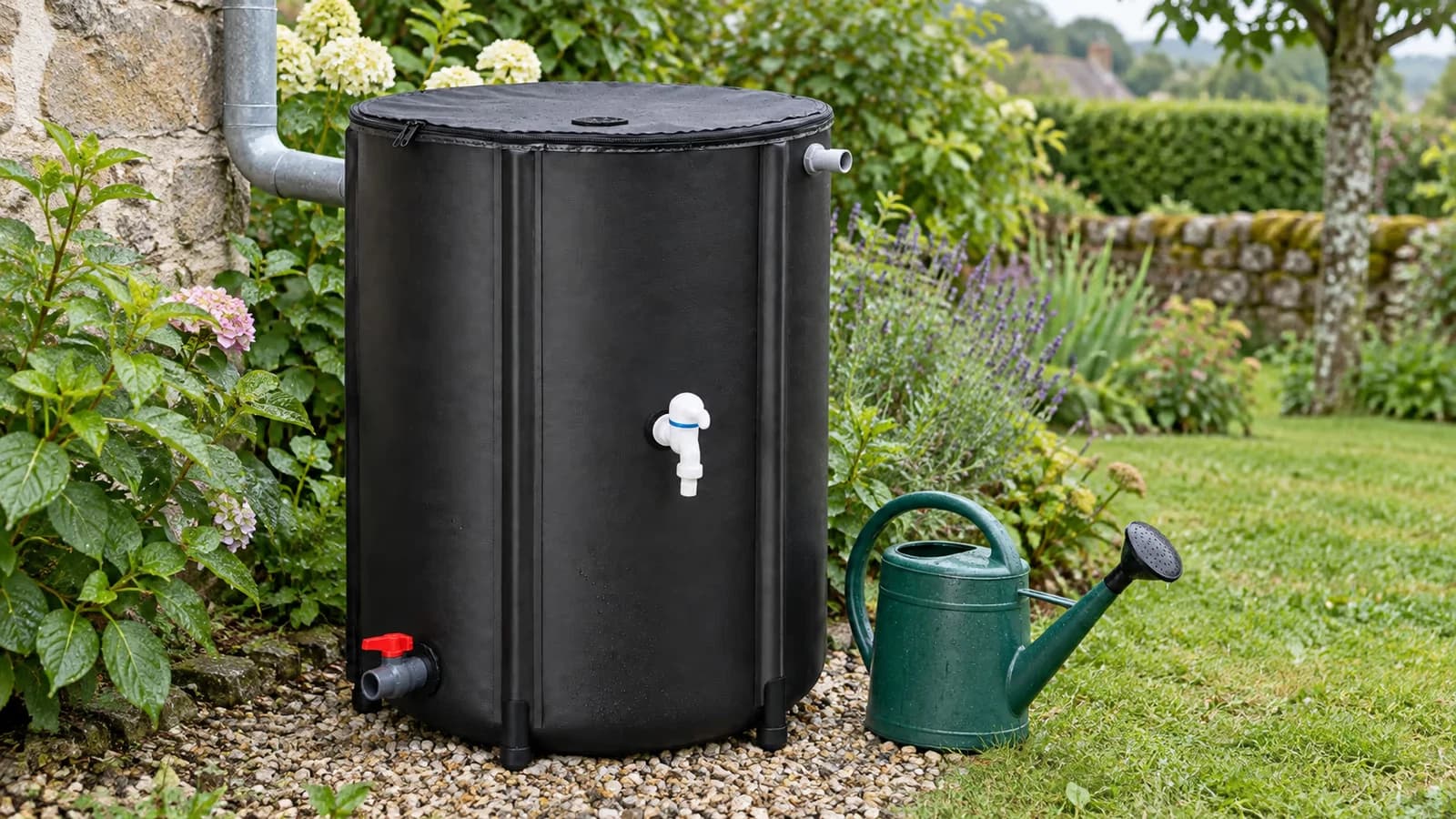 Contenant souple noir de récupération d'eau de pluie posé au sol d'un jardin, arrosoir vert à côté, feuillage en arrière-plan