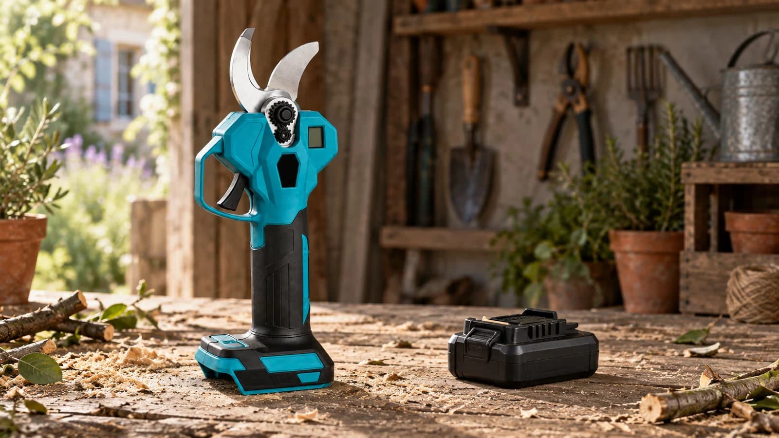 Sécateur électrique bleu et noir posé sur un établi de cabanon, lame ouverte, batterie 21 V déposée à l'écart sur le bois