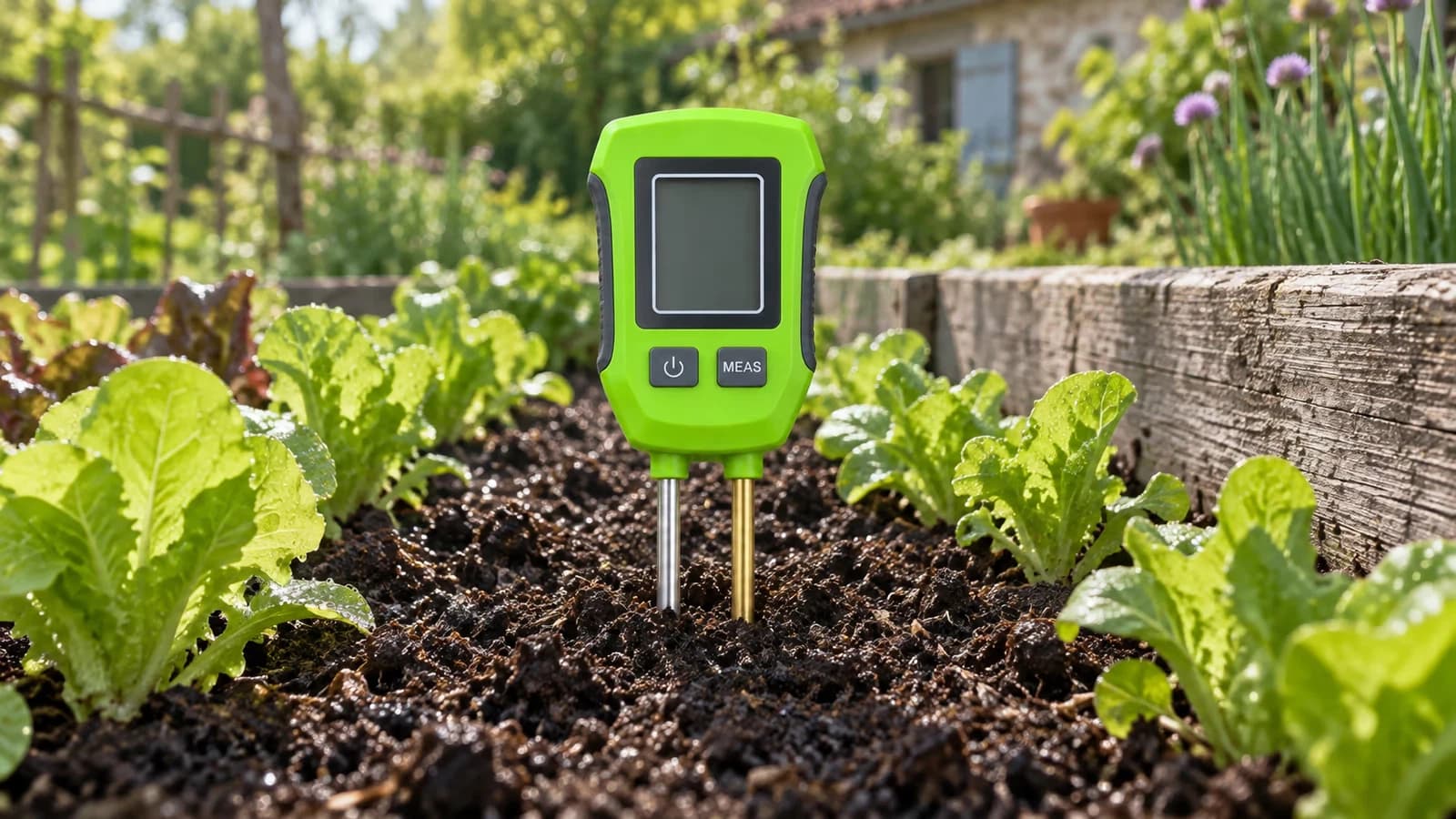 Testeur de sol numérique à écran posé sur une planche de potager au printemps, deux lames métalliques plantées dans la terre humide entre deux rangs de salades