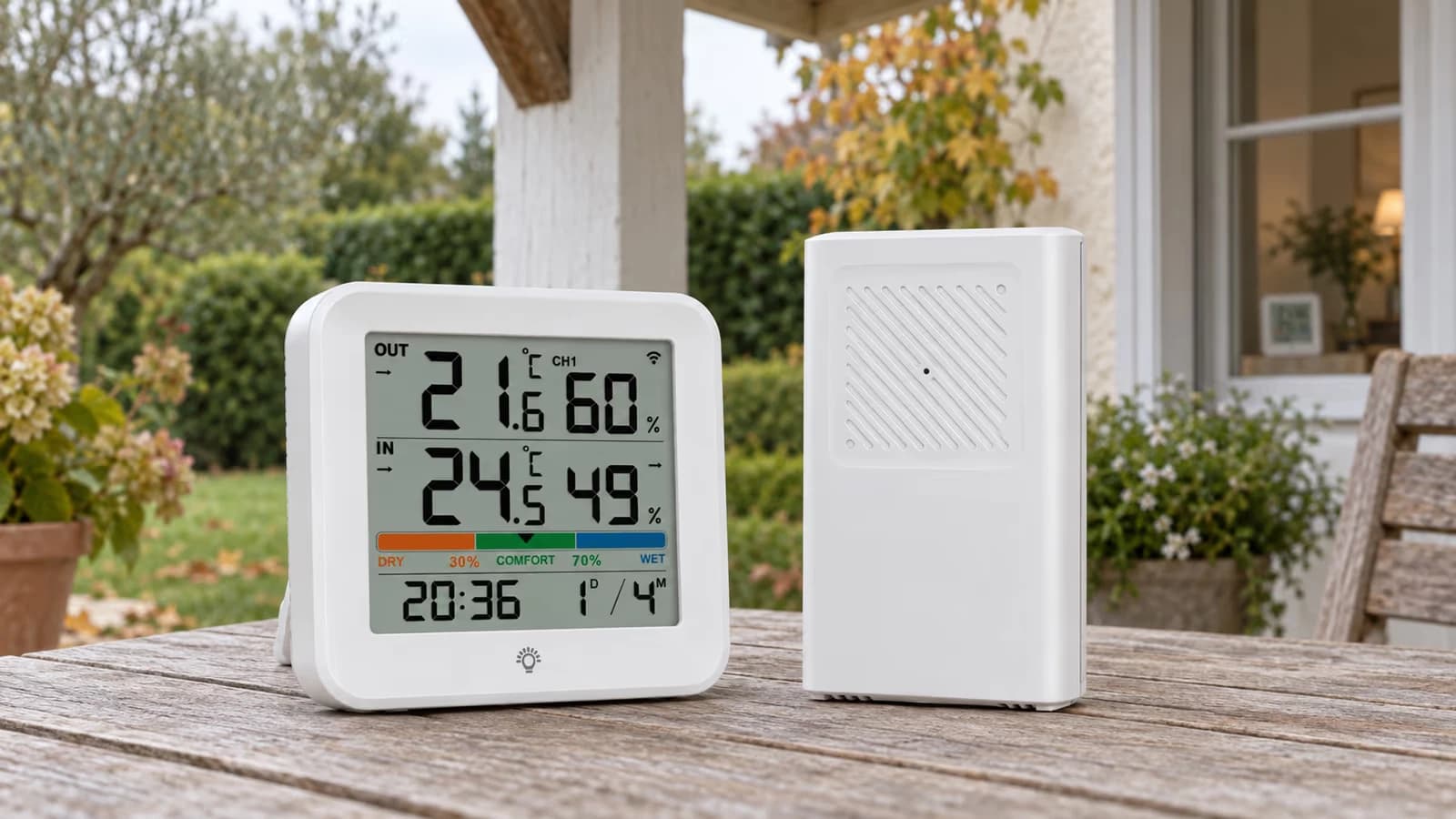 Sonde blanche suspendue sous un auvent de bois au-dessus d'une terrasse, écran d'intérieur visible derrière une fenêtre