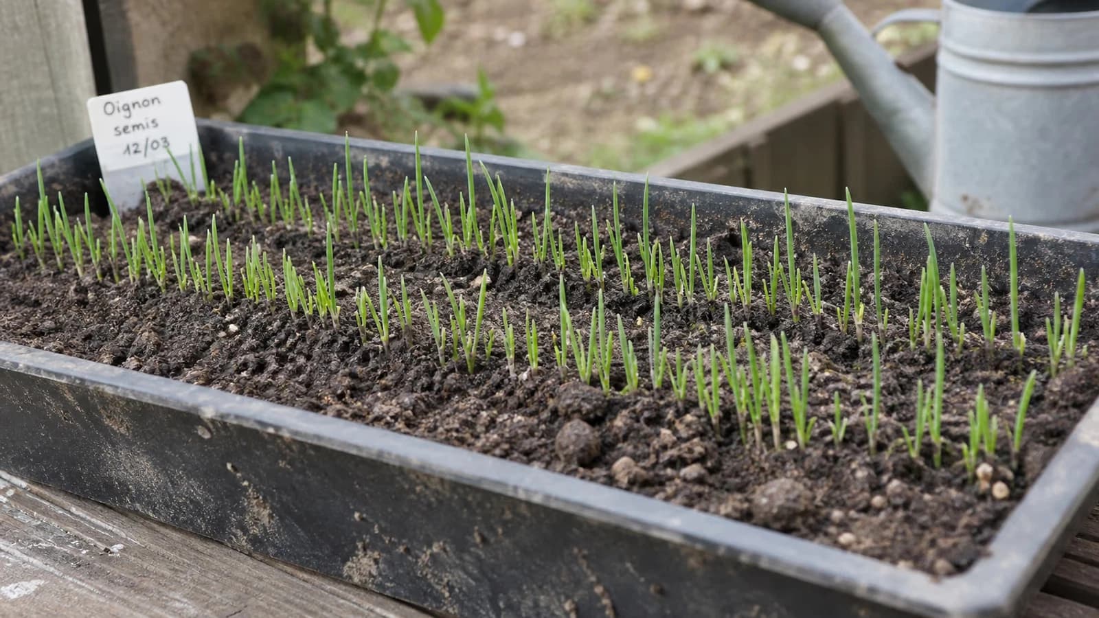 Terrine de semis d'oignons en stade crayon, jeunes plants vert tendre alignés en sillons réguliers