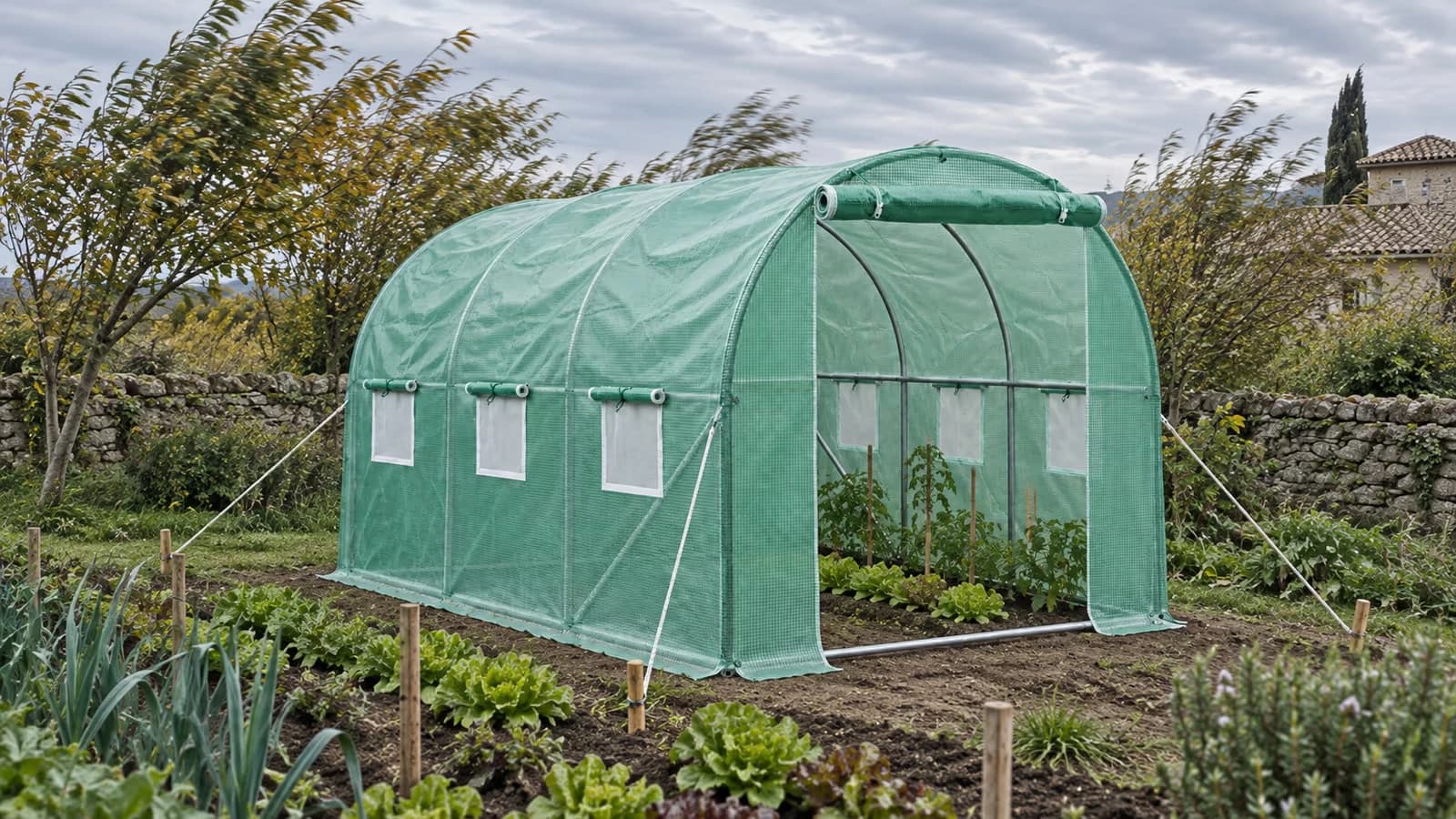 Serre tunnel de marche verte à cadre acier dans un potager exposé, bâche tendue sous un ciel de vent