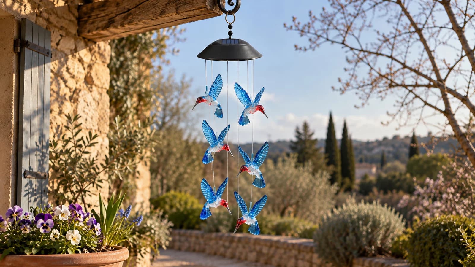 Carillon solaire à six colibris translucides au crochet d'un porche, lumière basse de mars, jardinière au premier plan