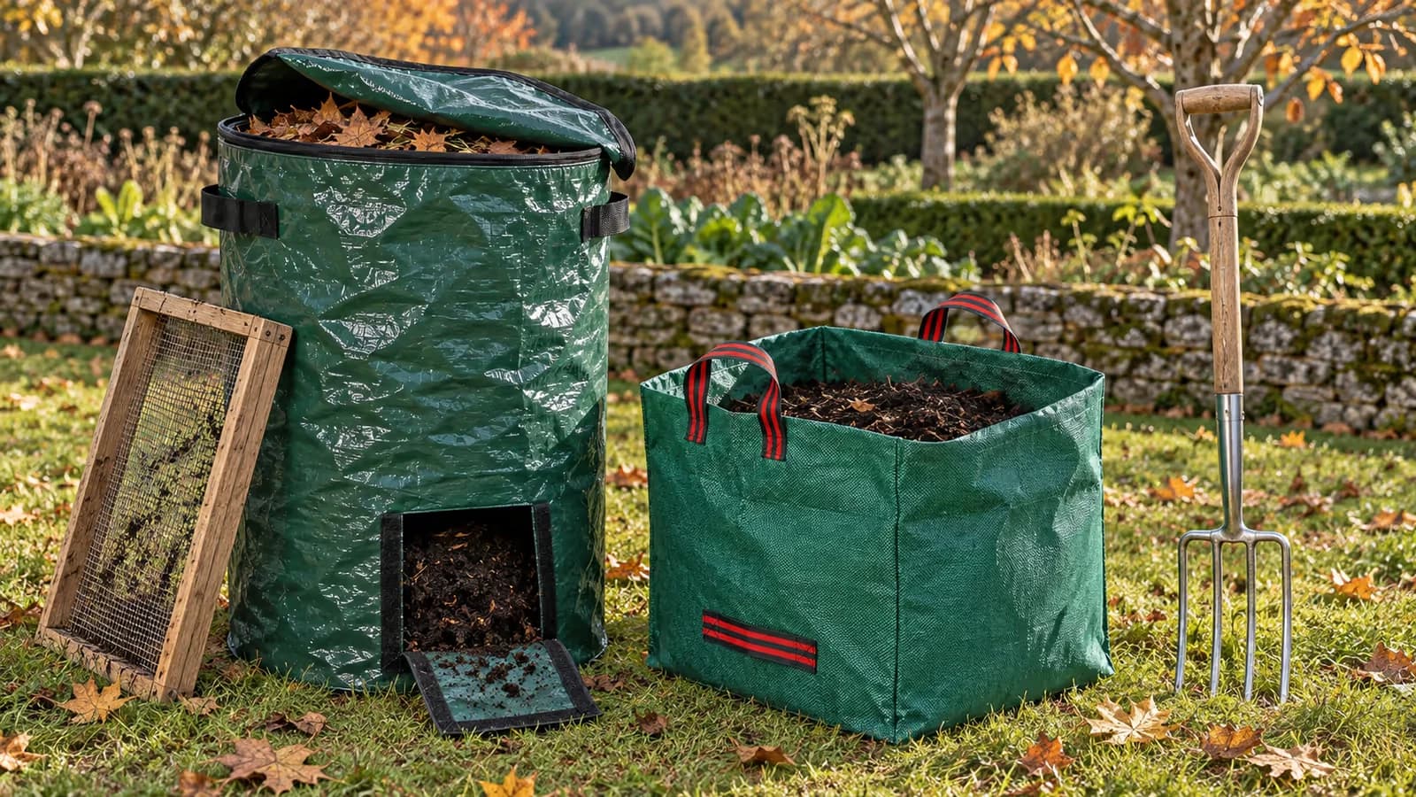 Sac de toile ouvert au pied d'un composteur de jardin, rempli à mi-hauteur de compost sombre sorti à la fourche