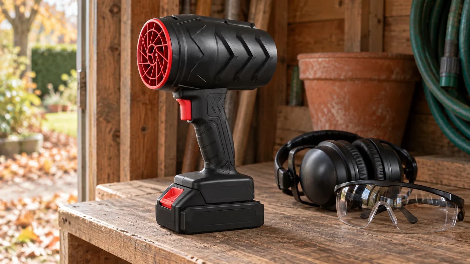 Souffleur compact posé sur une étagère d'abri de jardin, casque antibruit et lunettes de protection rangés à côté