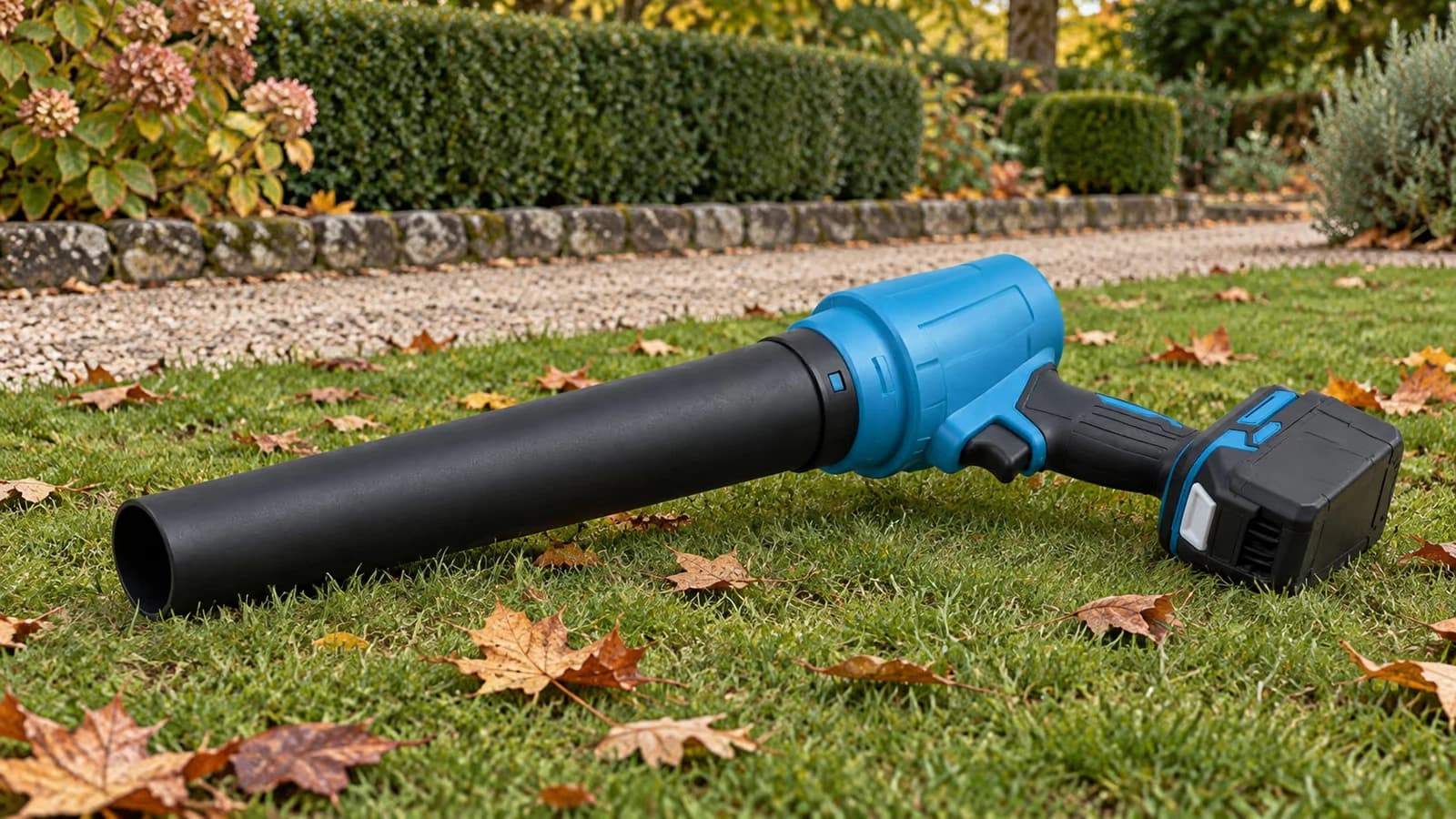 Souffleur de feuilles sans fil posé sur une pelouse d'automne, allée gravillonnée et haie taillée en arrière-plan
