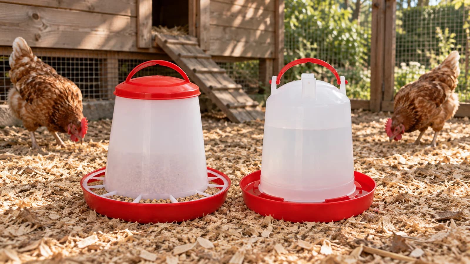 Station mangeoire et abreuvoir pour poules posée au sol d'un poulailler, deux unités plastiques écartées sur des copeaux