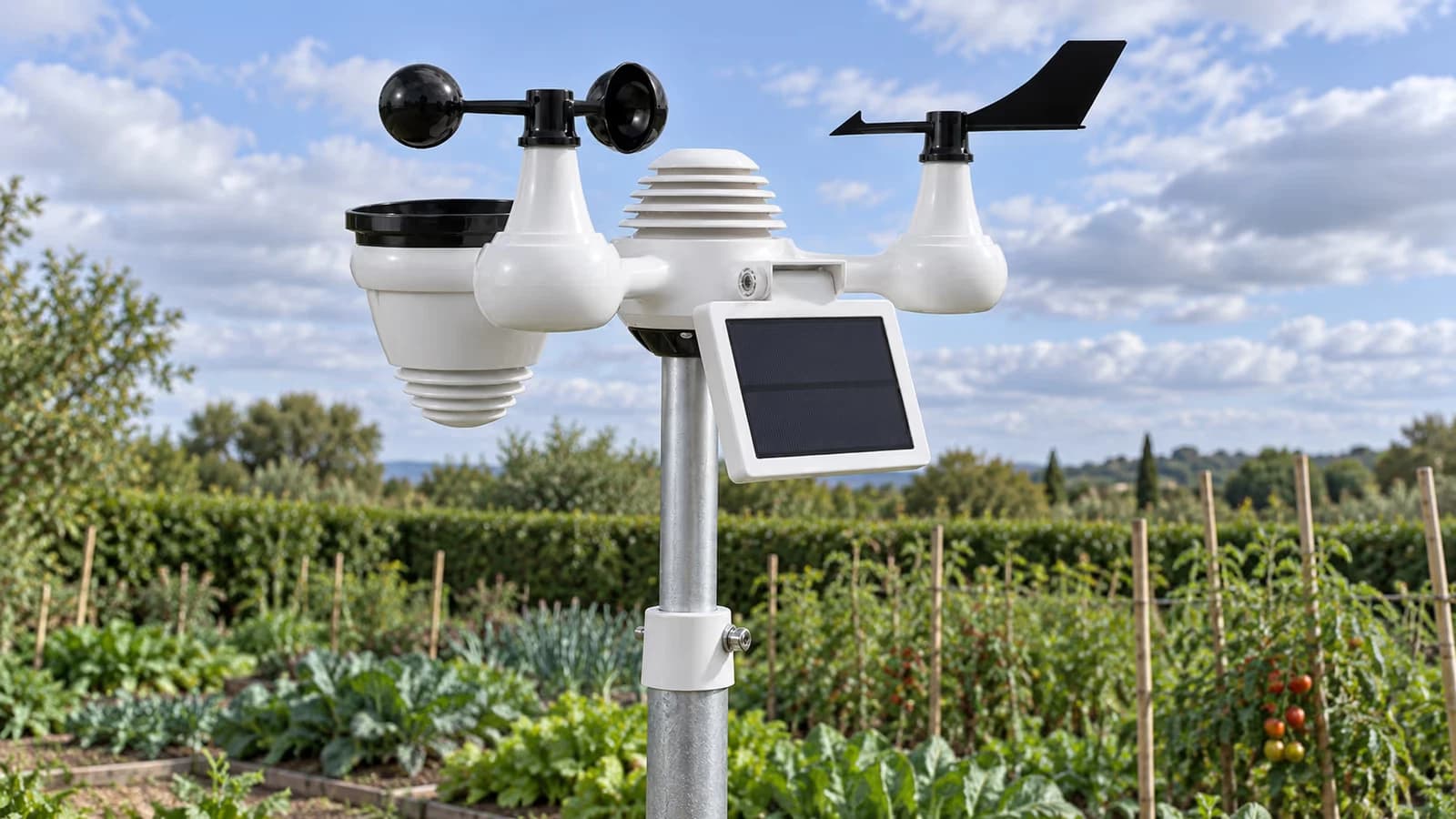 Capteur météo à coupelles et girouette en tête d'un mât, au-dessus des rangs d'un potager sous un ciel de septembre
