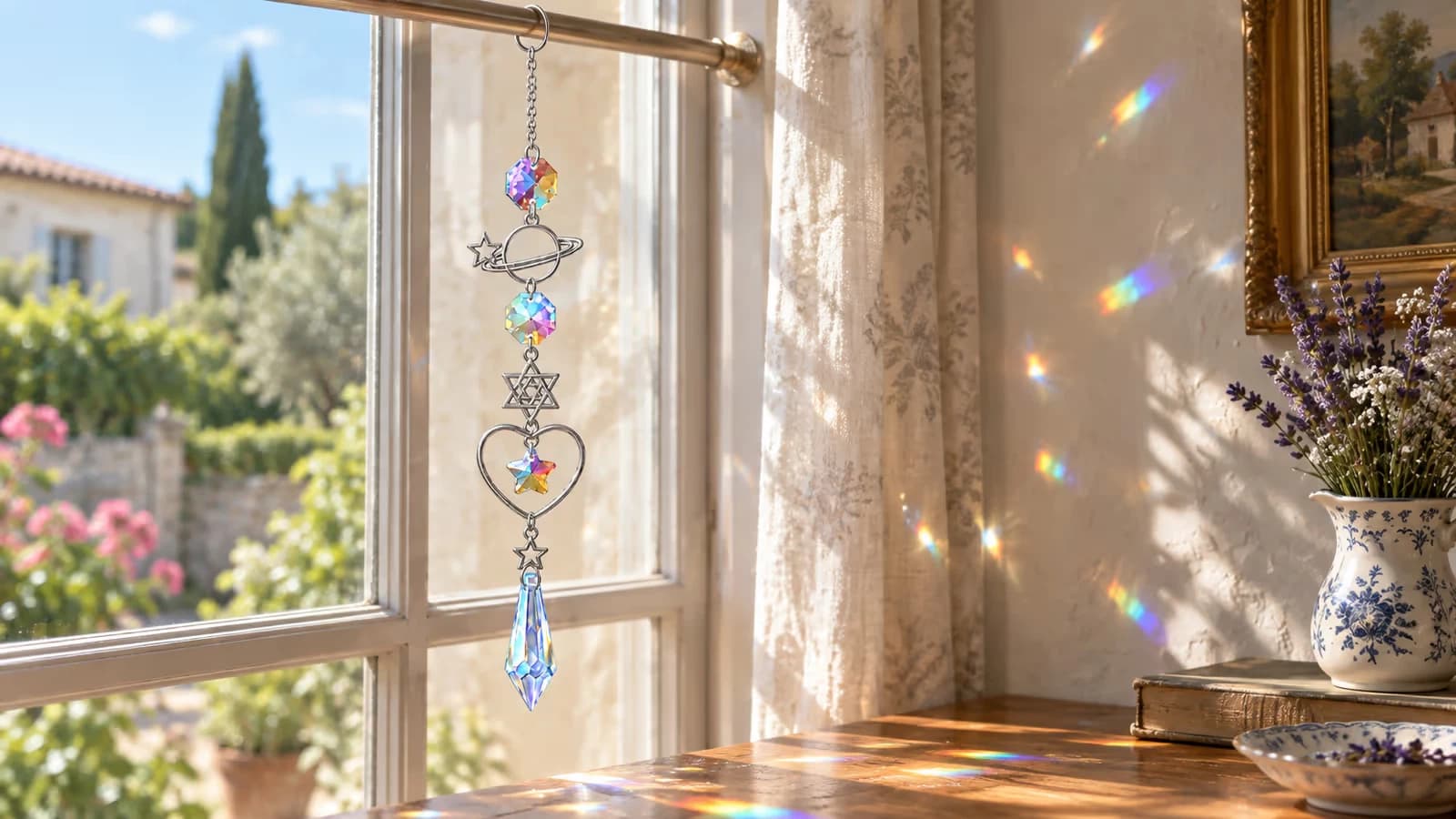 Un attrape-soleil en cristal suspendu à la tringle d'une fenêtre de salon