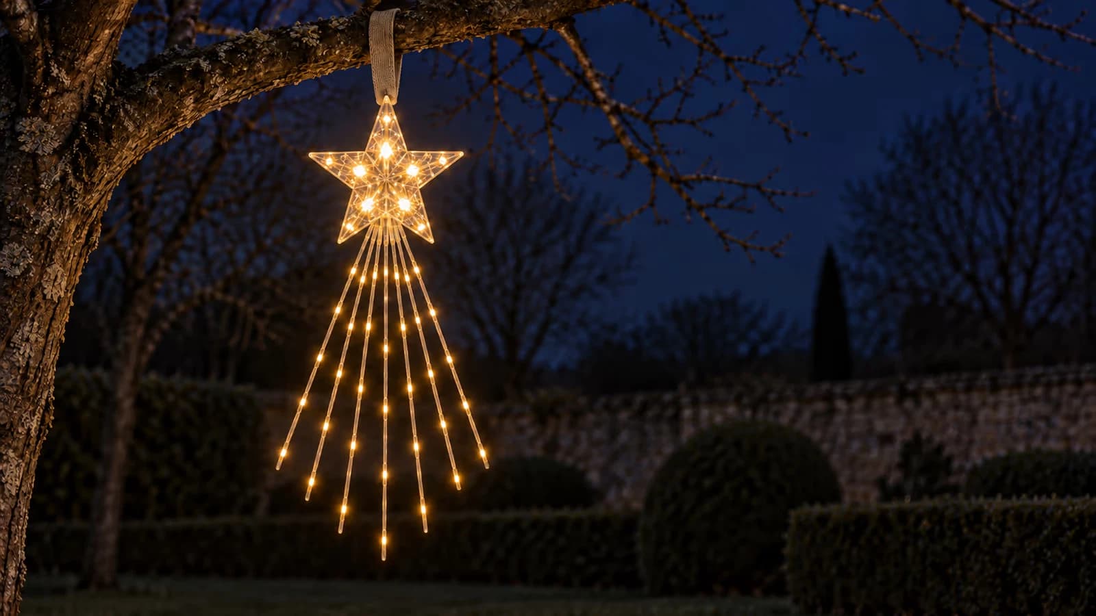 Étoile lumineuse solaire suspendue à une branche horizontale par une sangle souple, neuf cascades de diodes blanc chaud retombant librement dans la nuit