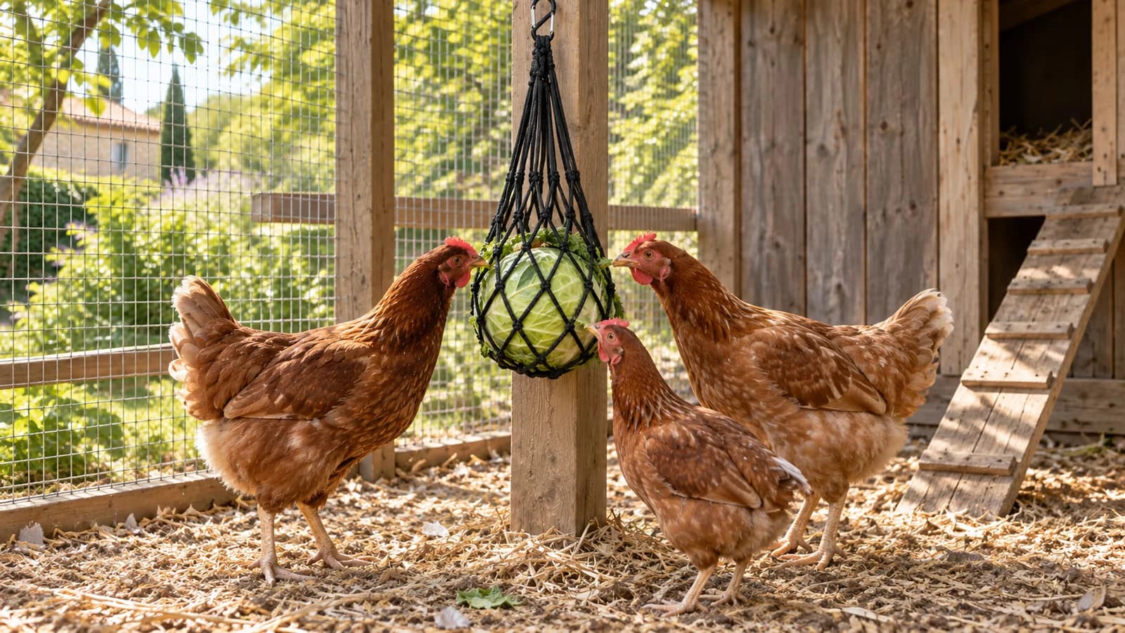 Filet noir à verdure suspendu par un mousqueton à un montant de poulailler, un chou vert dans la poche, trois poules rousses qui picorent