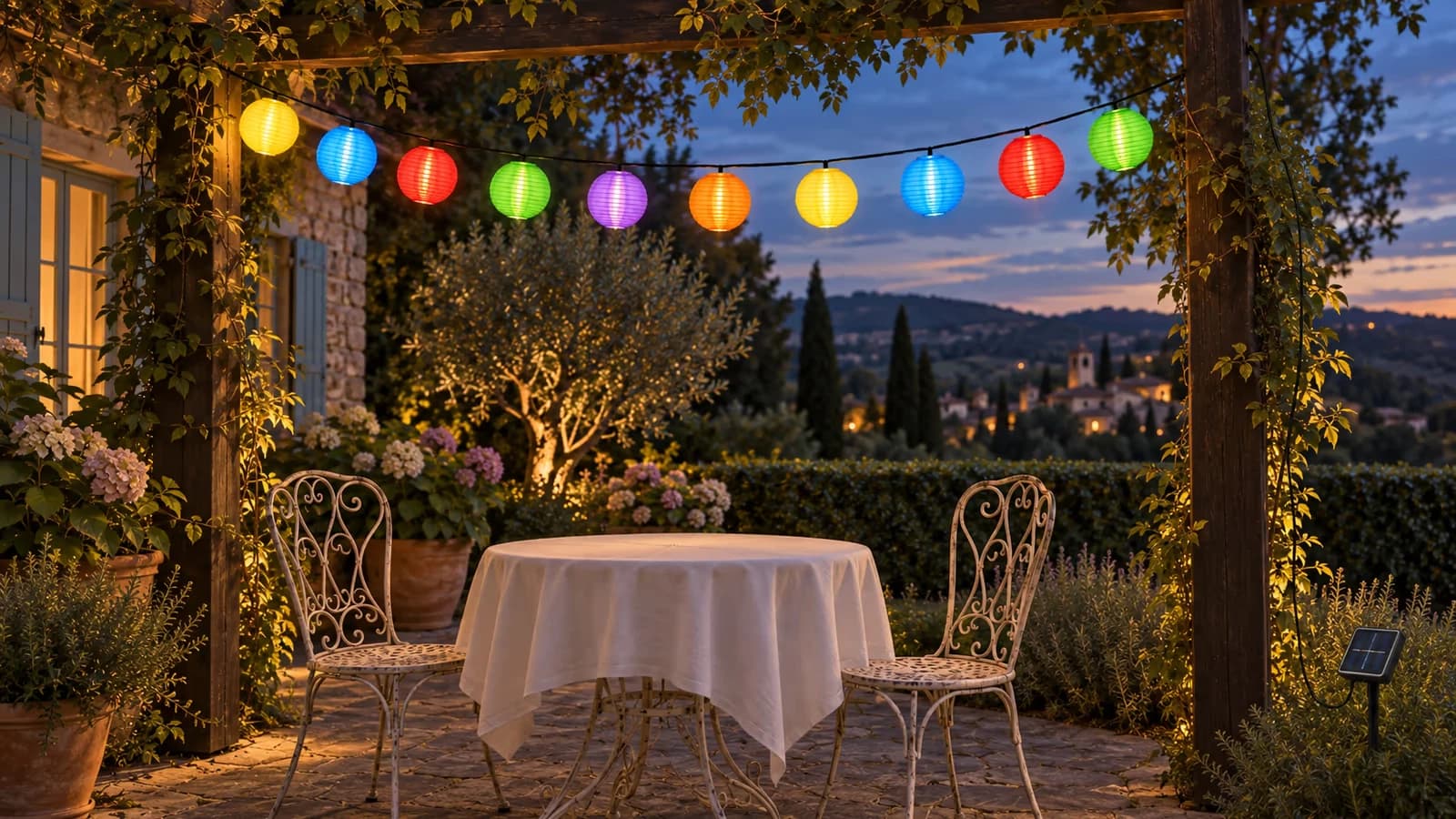Ligne de dix lanternes de tissu colorées suspendue au-dessus d'une table de jardin en fer forgé