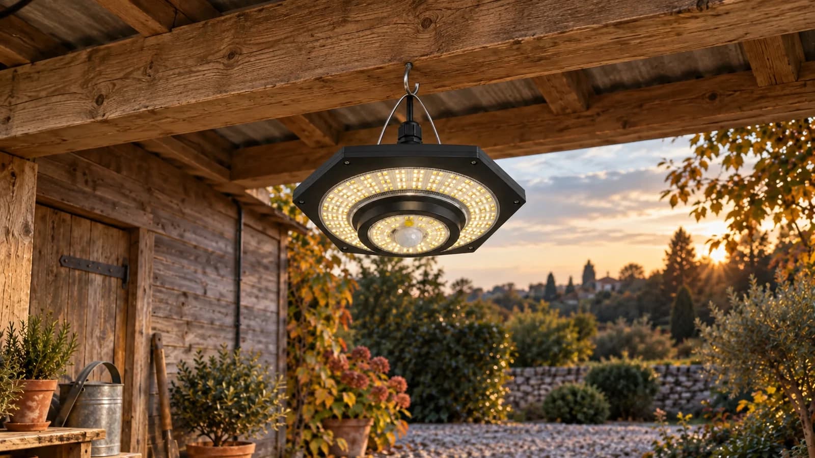 Lampe solaire suspendue par son anneau à un crochet vissé sous la panne d'un appentis ouvert, en fin de journée