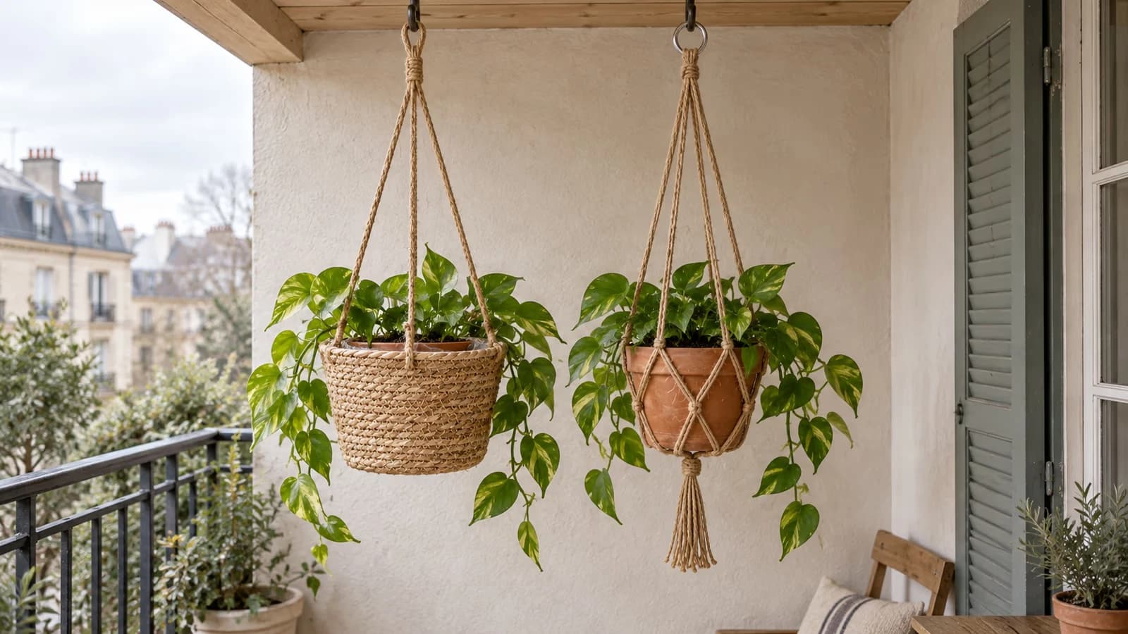Deux suspensions de plantes côte à côte sur un balcon abrité, un panier tressé beige miel et une corde de jute naturelle