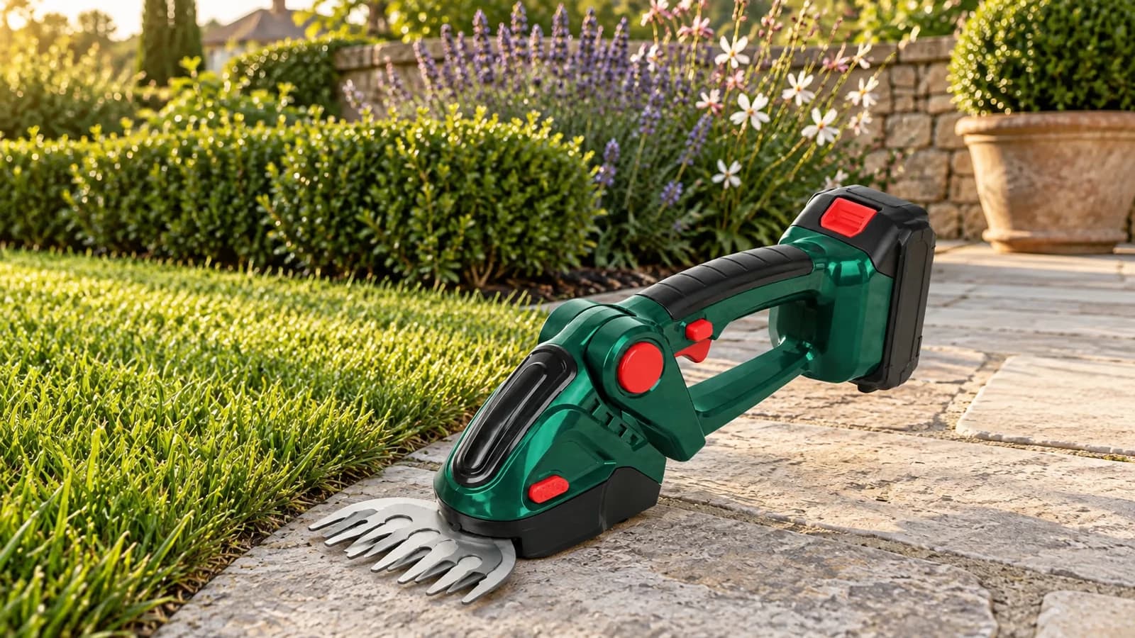 Cisaille électrique sans fil posée sur une terrasse en dalles claires, entre une bordure d'herbe et un arbuste bas