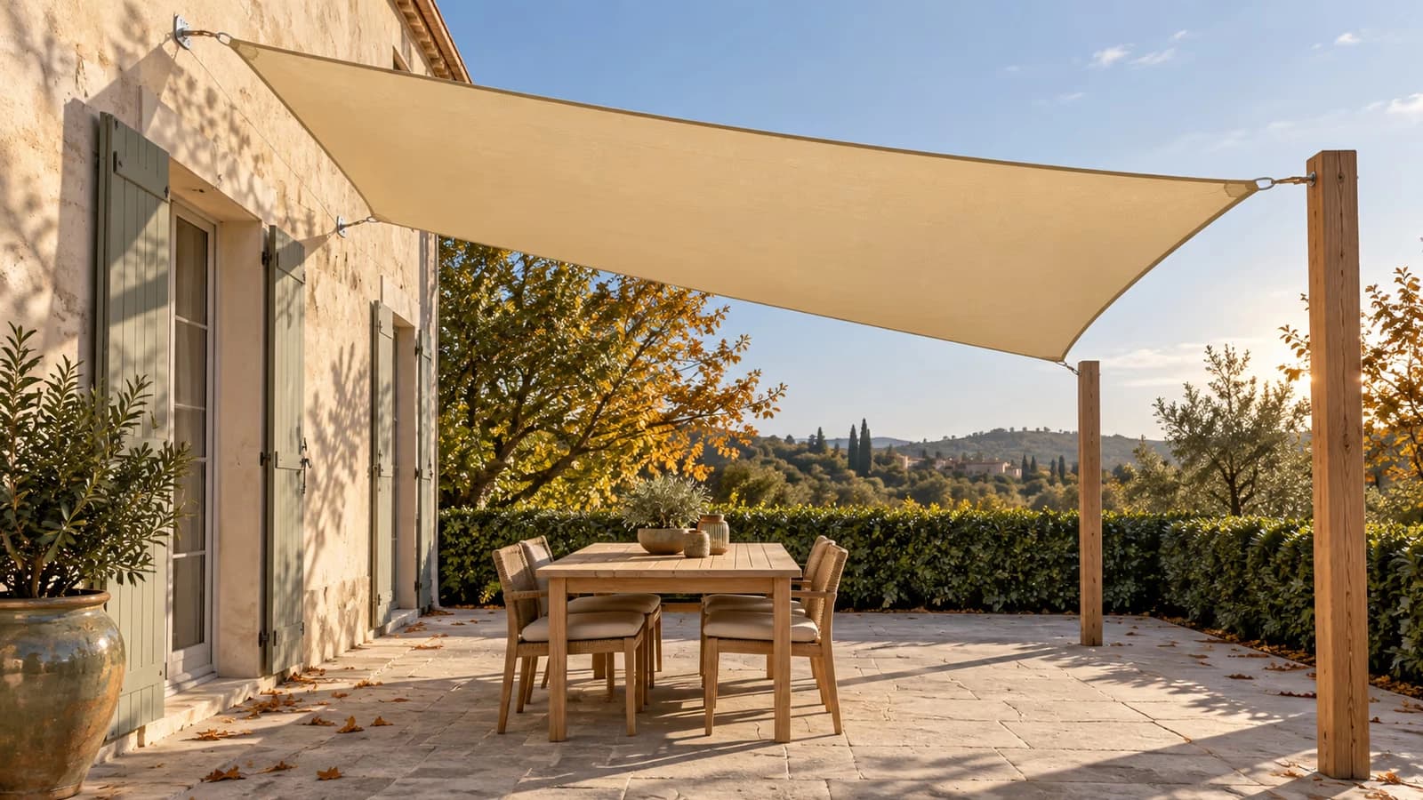 Voile d'ombrage jaune sable tendue entre la façade d'une maison et deux poteaux de terrasse, au-dessus d'une table