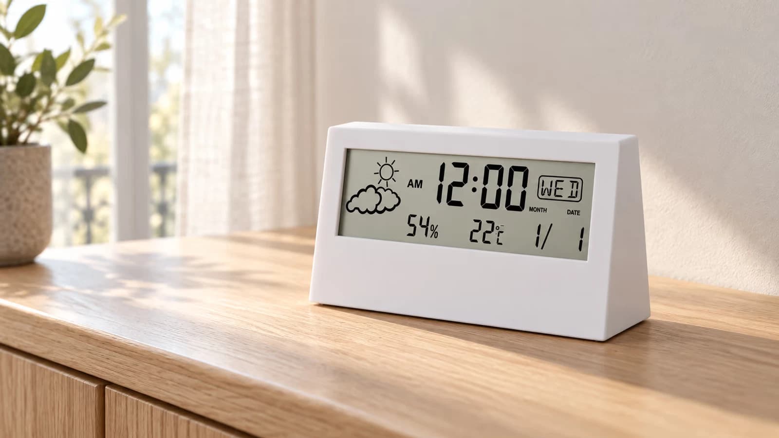 Bandeau transparent affichant l'heure, la température et l'humidité, posé sur une console en bois près d'une fenêtre lumineuse