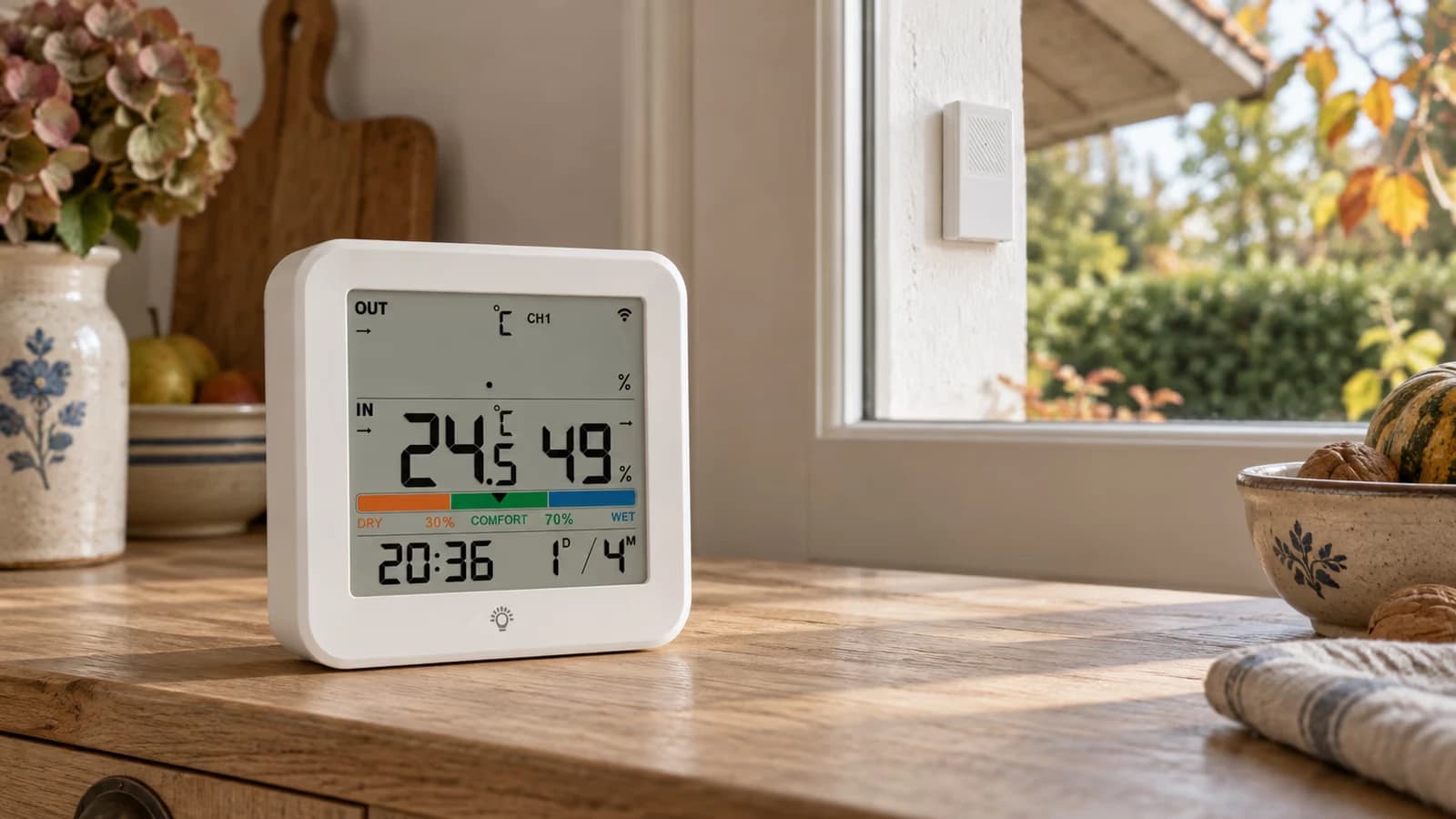 Écran blanc de thermomètre posé sur un meuble de cuisine, ligne du dehors vide, sonde plate suspendue dehors derrière la vitre