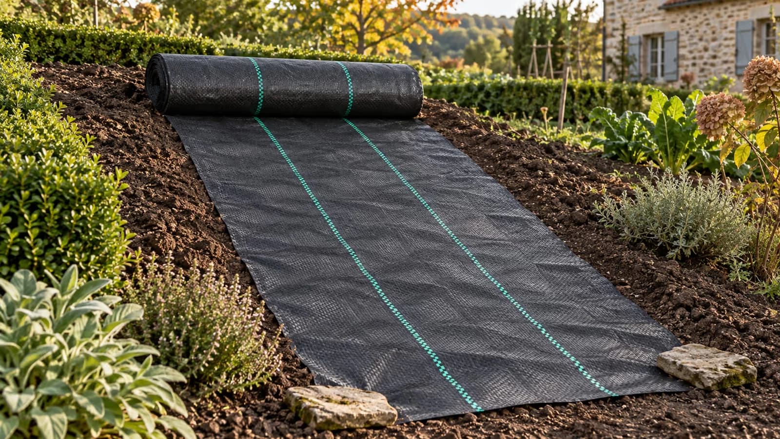 Rouleau de toile de paillage tissée noire à demi déroulé sur un talus en pente