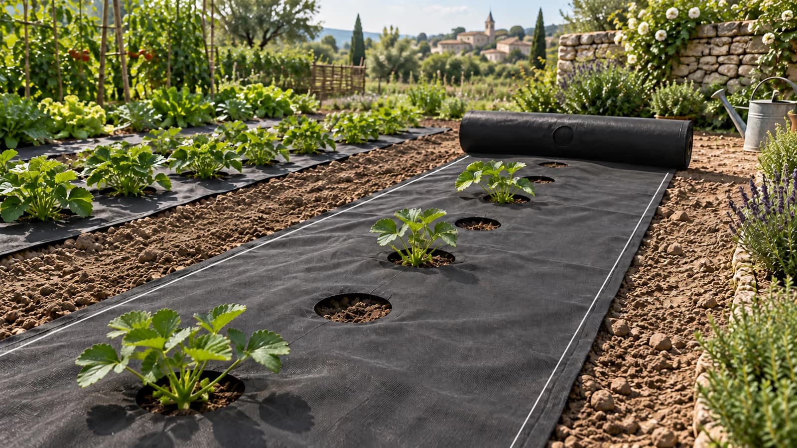 Rouleau de toile de paillage perforée noire déroulée sur un rang de potager, trous alignés sur la ligne de plantation