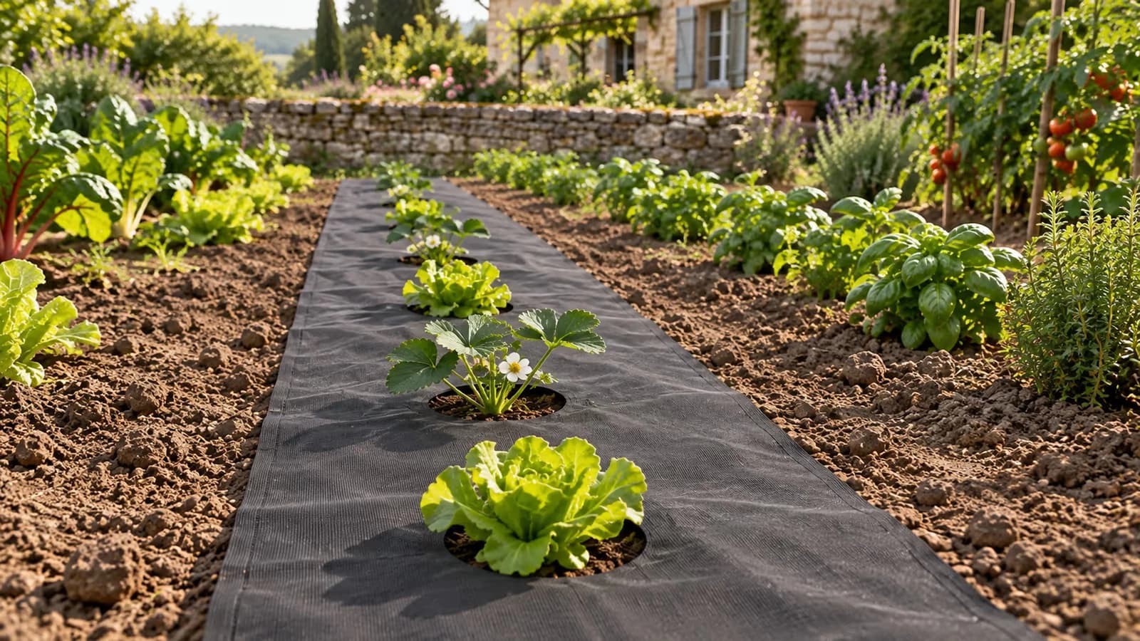 Rang de jeunes salades plantées dans les trous réguliers d'une toile de paillage noire au potager