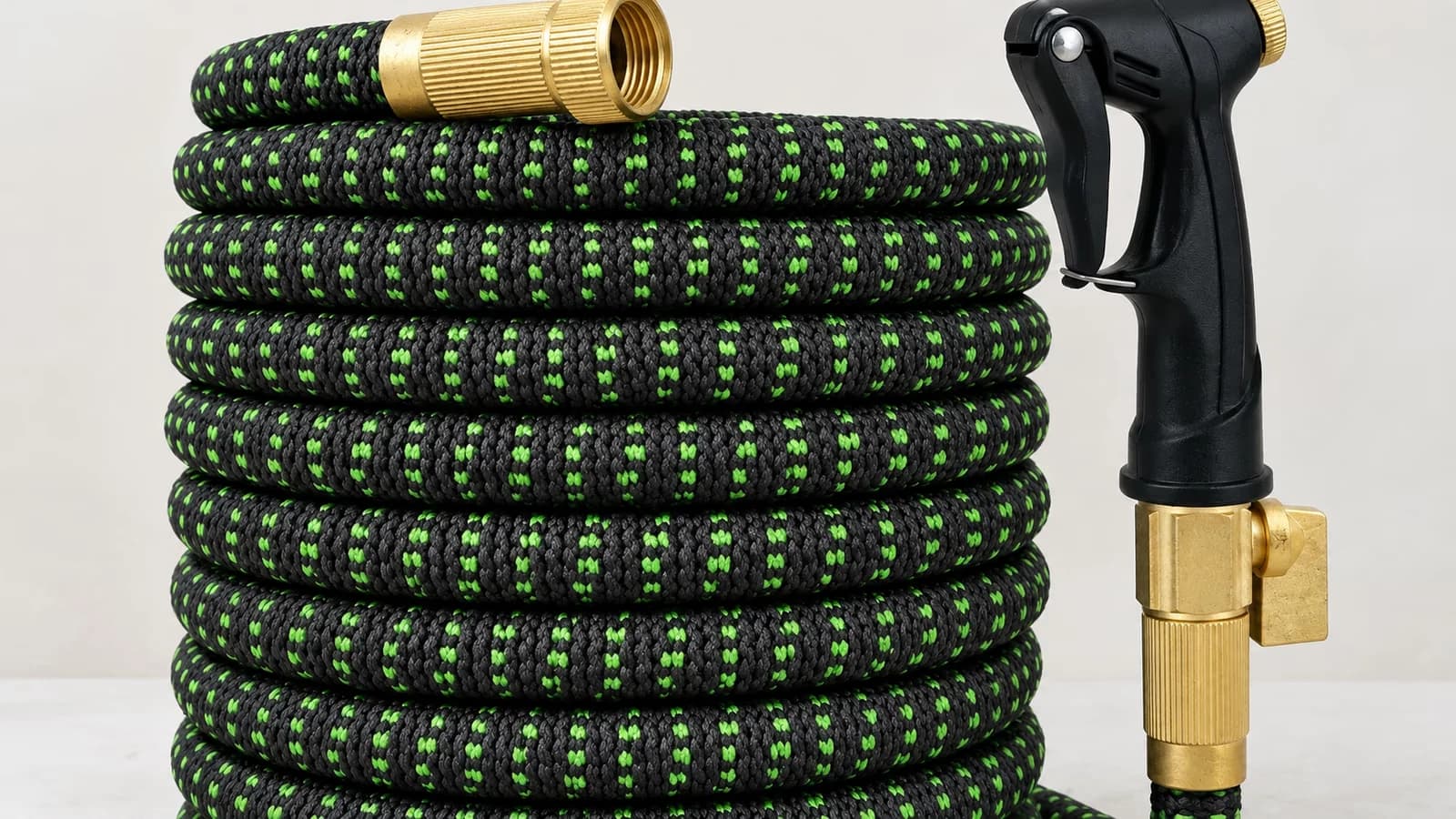 Tuyau d'arrosage extensible 30 m enroulé avec raccords laiton dorés et pistolet 8 modes sur fond studio clair