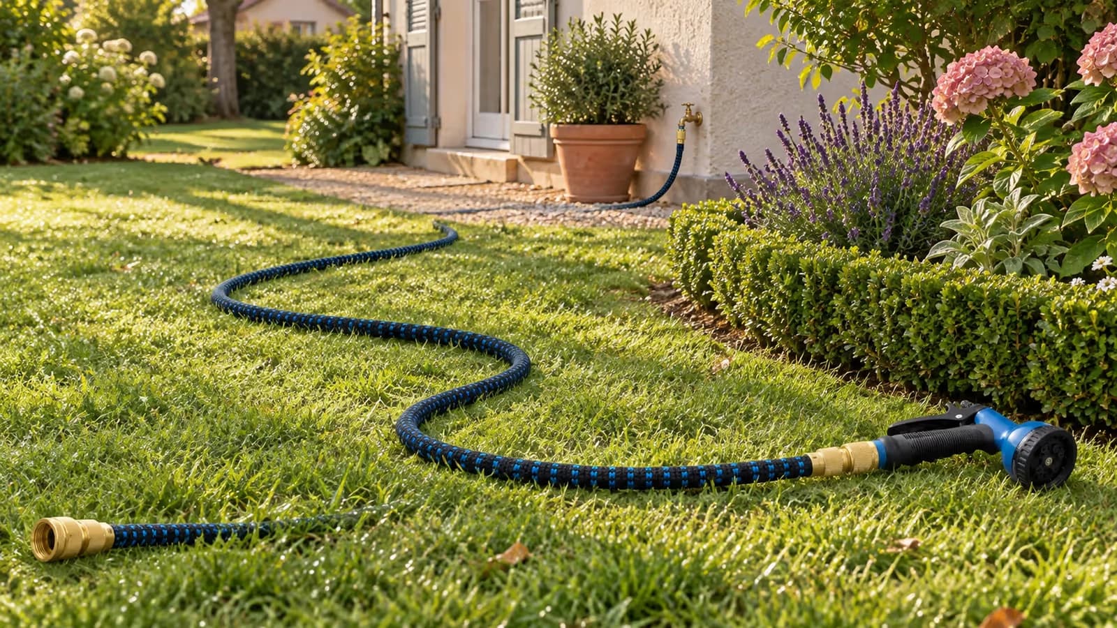 Tuyau extensible bleu et noir déployé sur une pelouse de jardin pavillonnaire, pistolet posé au sol près d'un massif