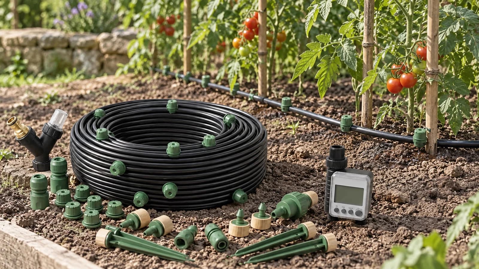 Tuyau goutte à goutte 16 mm en polyéthylène noir déployé au pied de plants de tomates dans un potager français