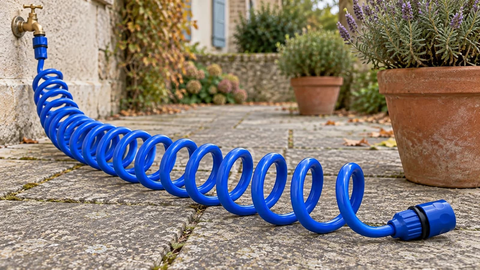 Tuyau spiralé bleu resté étiré en accordéon sur les dalles d'une terrasse, boucles distendues près d'un pot de fleurs