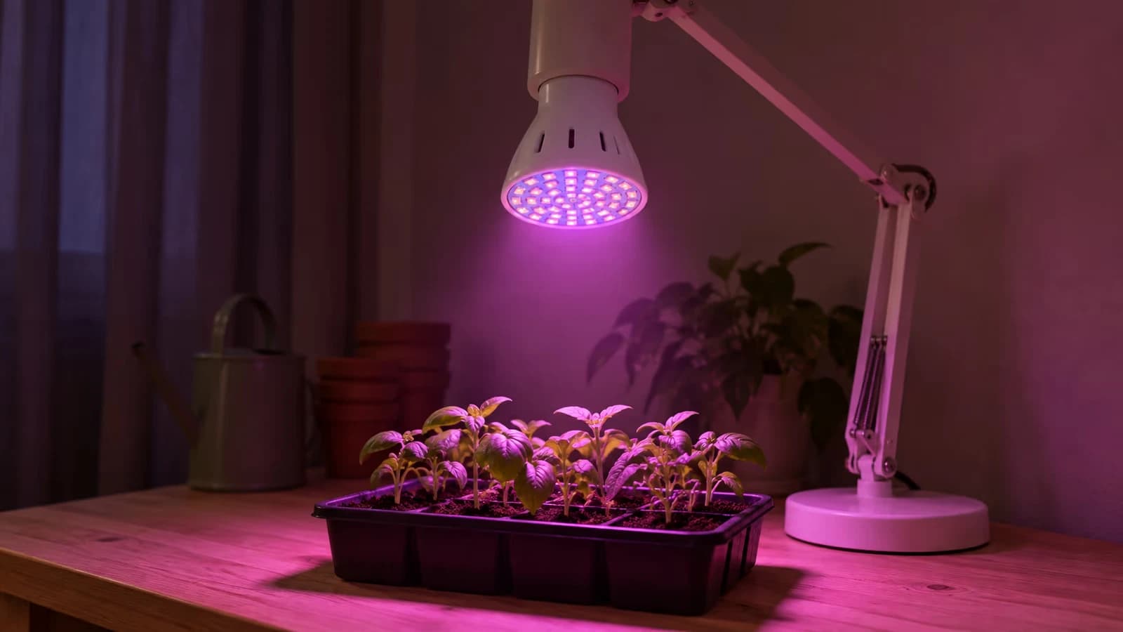 Lampe de bureau articulée avec ampoule horticole allumée au-dessus d'un plateau de semis, le soir, dans une pièce sombre
