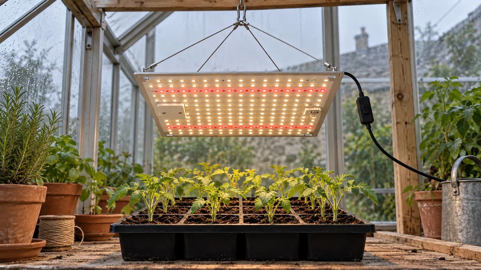 Panneau led horticole carré suspendu par quatre câbles au-dessus d'une table de semis garnie de godets dans une serre