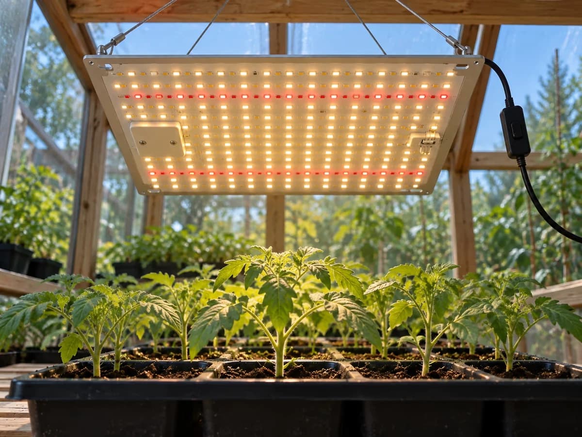 Panneau horticole allumé au-dessus d'une tablette de godets de tomates, lumière plus dense au centre de la plaque
