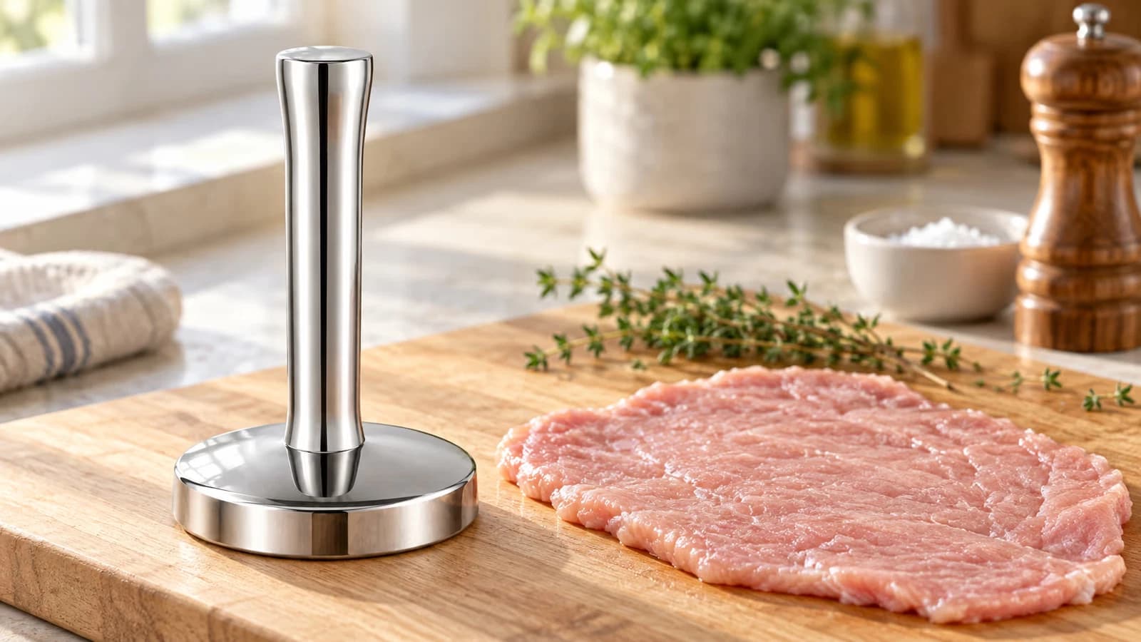 Pilon à viande inox à tête ronde posé debout sur une planche en bois, à côté d'une escalope crue étalée
