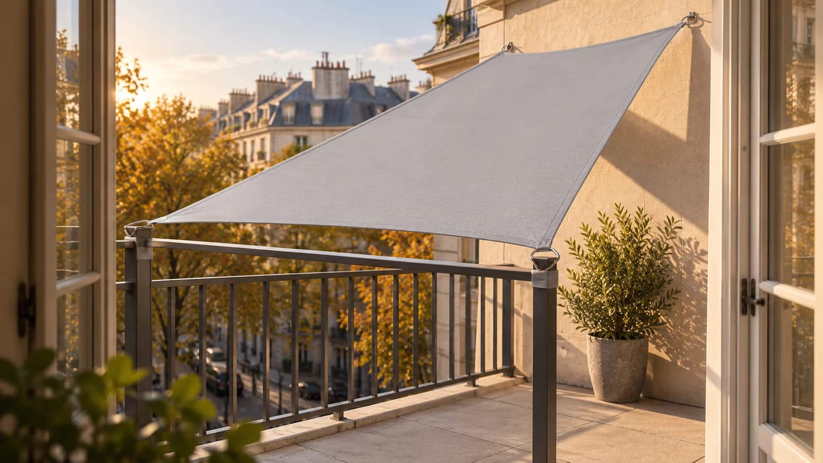 Voile d'ombrage grise tendue entre le mur et le garde-corps d'un balcon, vue depuis l'intérieur, rambarde au premier plan